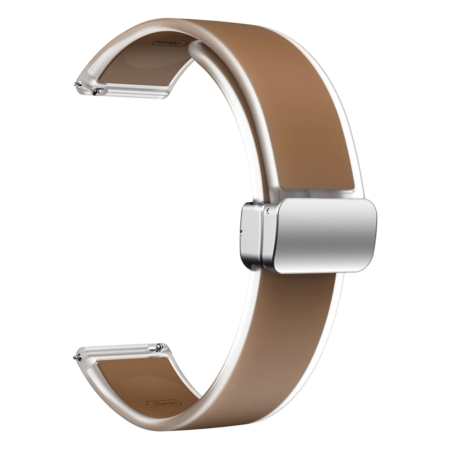 Braunes Uhrenarmband mit silberner Schnalle und weißer Zierleiste. Das Design ist geschwungen und sauber.