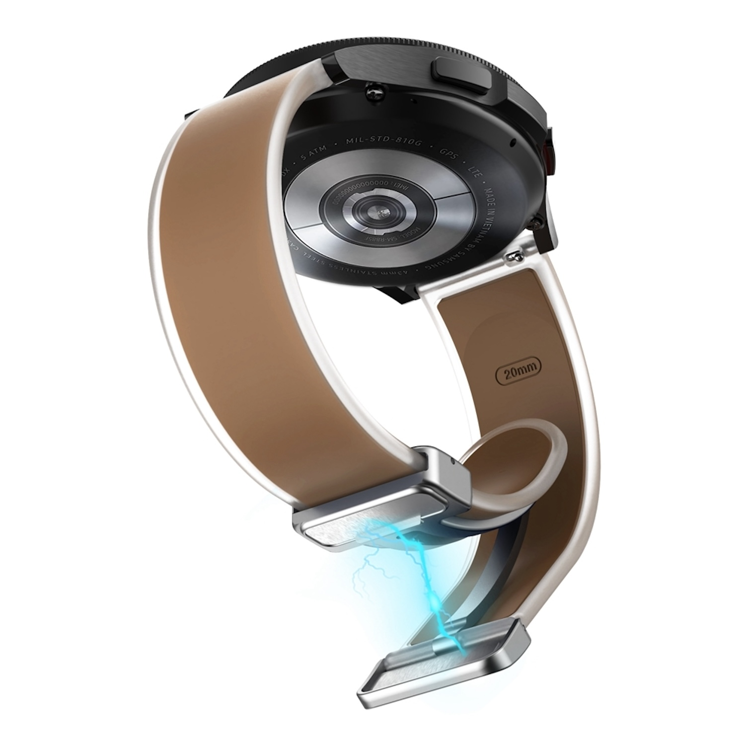 Eine Smartwatch mit hellbraunem Lederarmband, die Rückseite mit Etiketten und blauem Licht zeigend, auf Weiß.