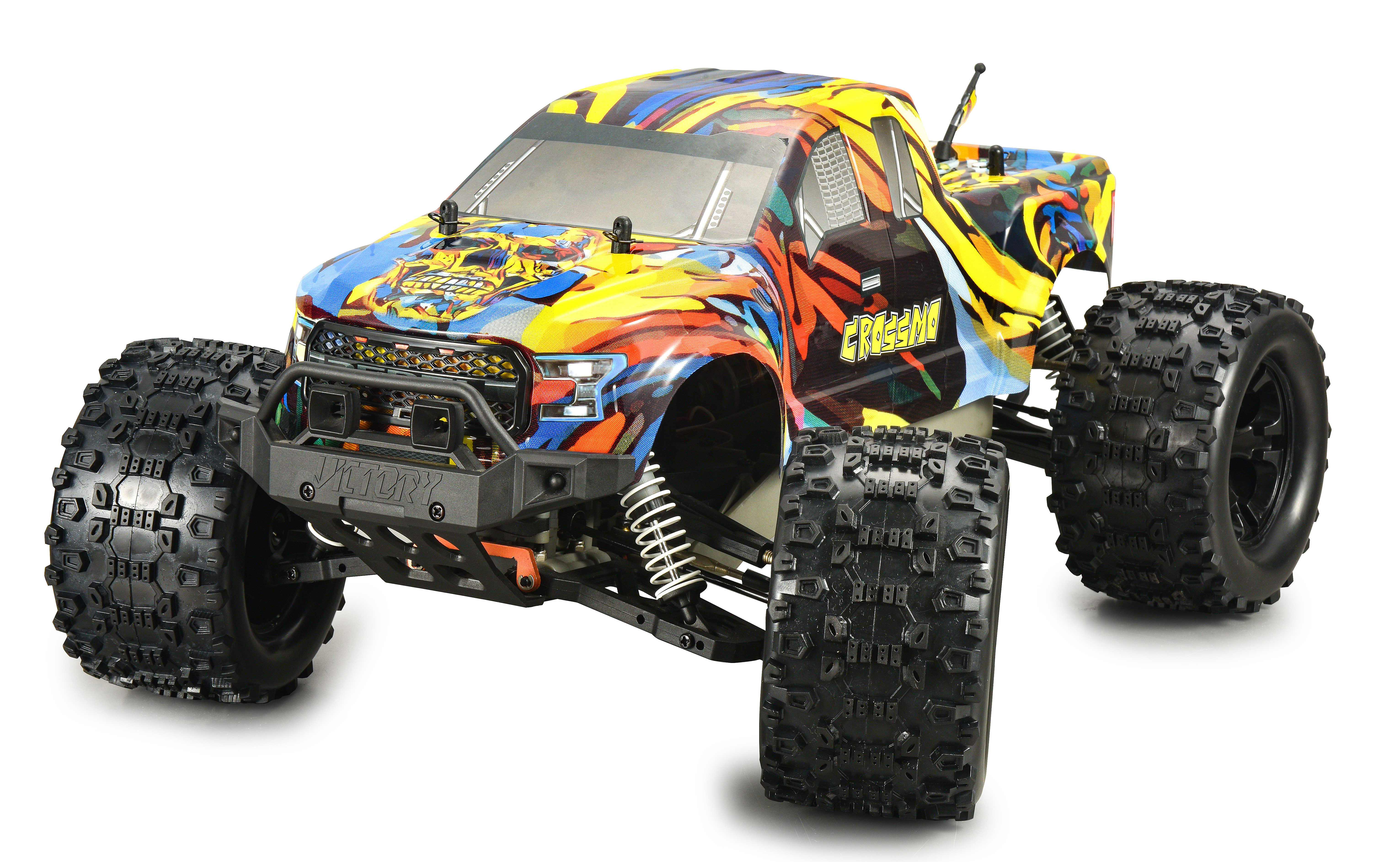 Ein Monstertruck-Spielzeug mit farbenfrohem Graffiti-Design und schwarzen Rädern, auf weißem Hintergrund.