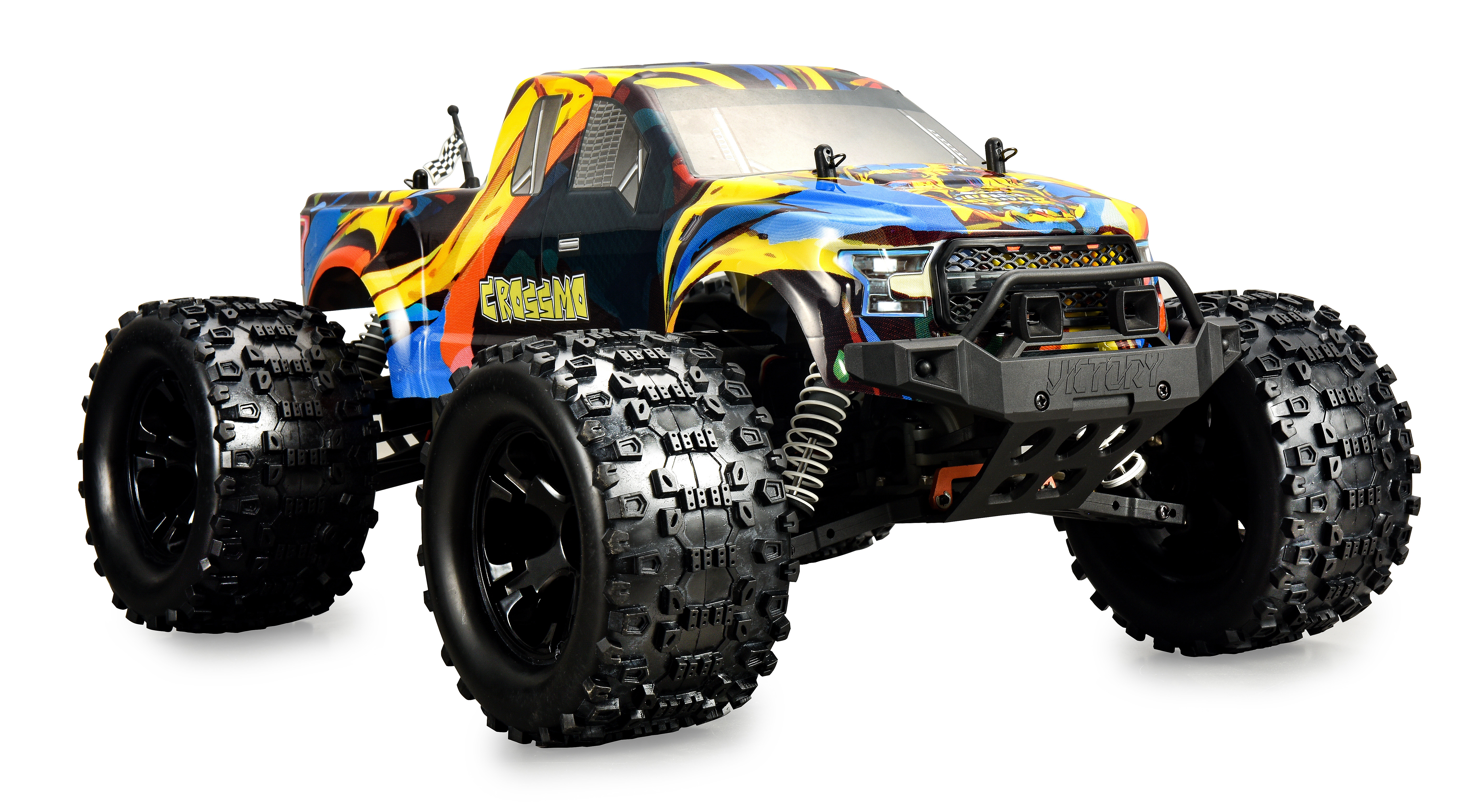 Ein Monstertruck-Spielzeug mit farbenfrohem Design und schwarzen Rädern, auf weißem Hintergrund.