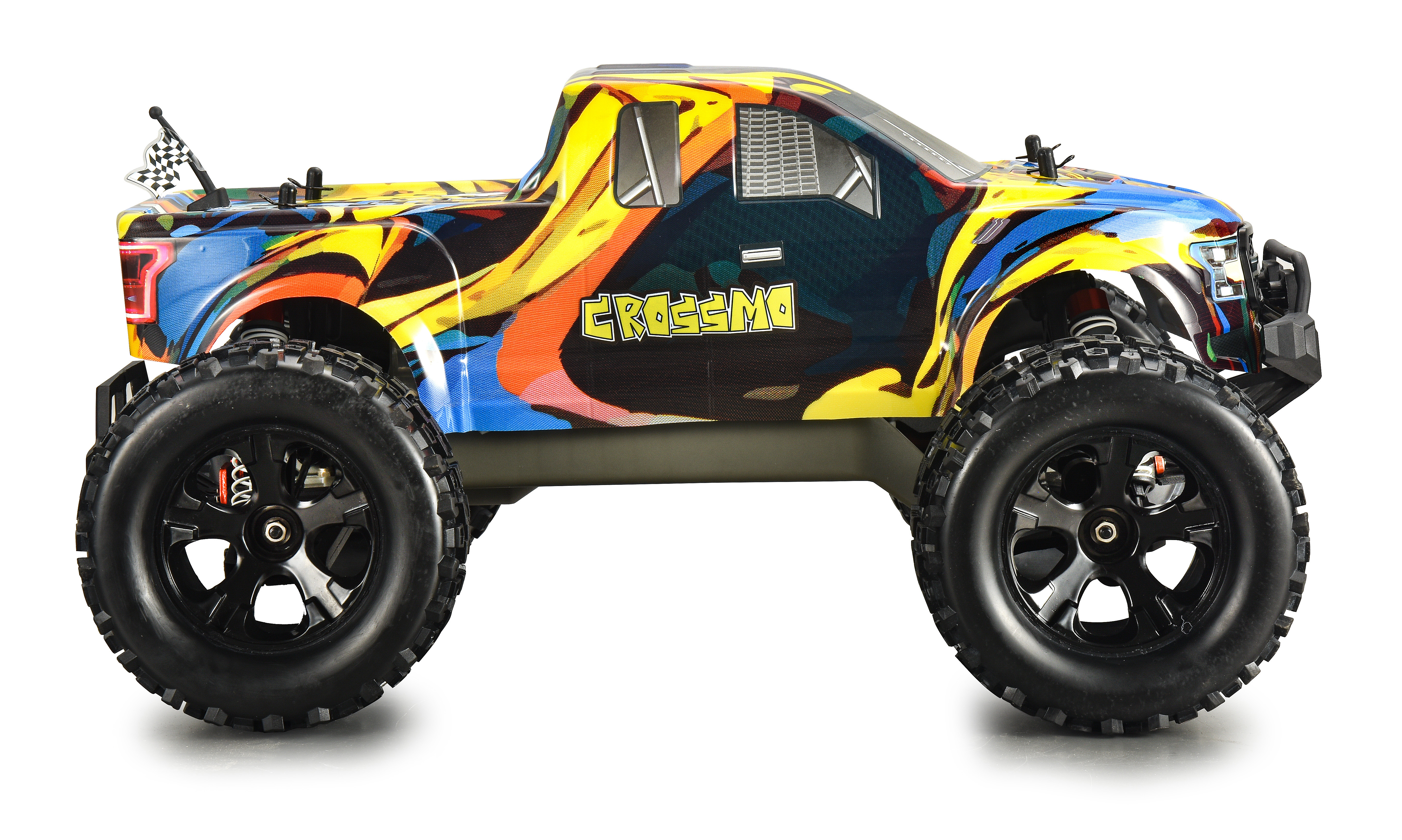 Ein Monstertruck-Spielzeug mit farbenfrohem Design und schwarzen Rädern, auf weißem Hintergrund.