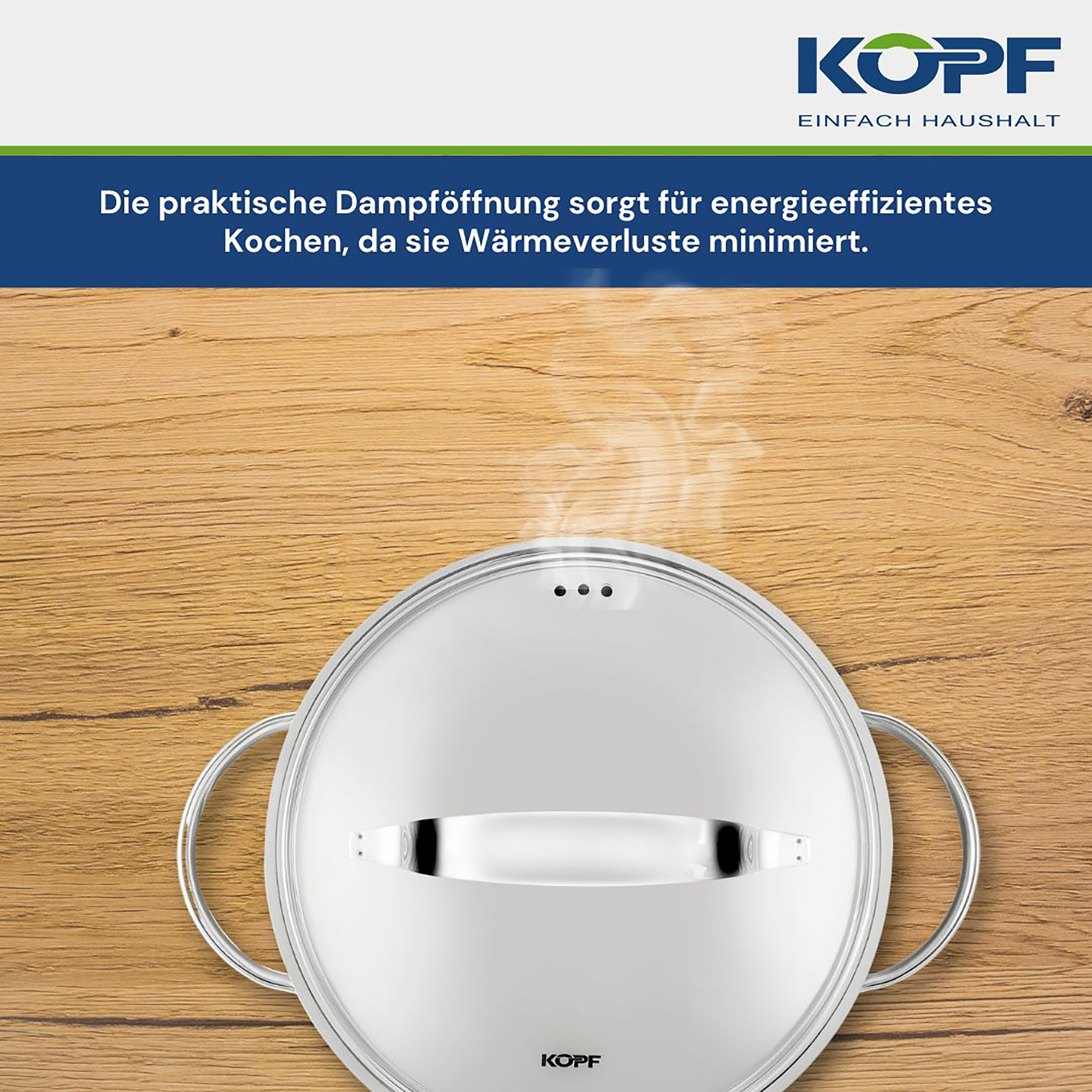 Ein Topfdeckel mit aufsteigendem Dampf, auf einer Holzoberfläche, mit KOPF-Logo.