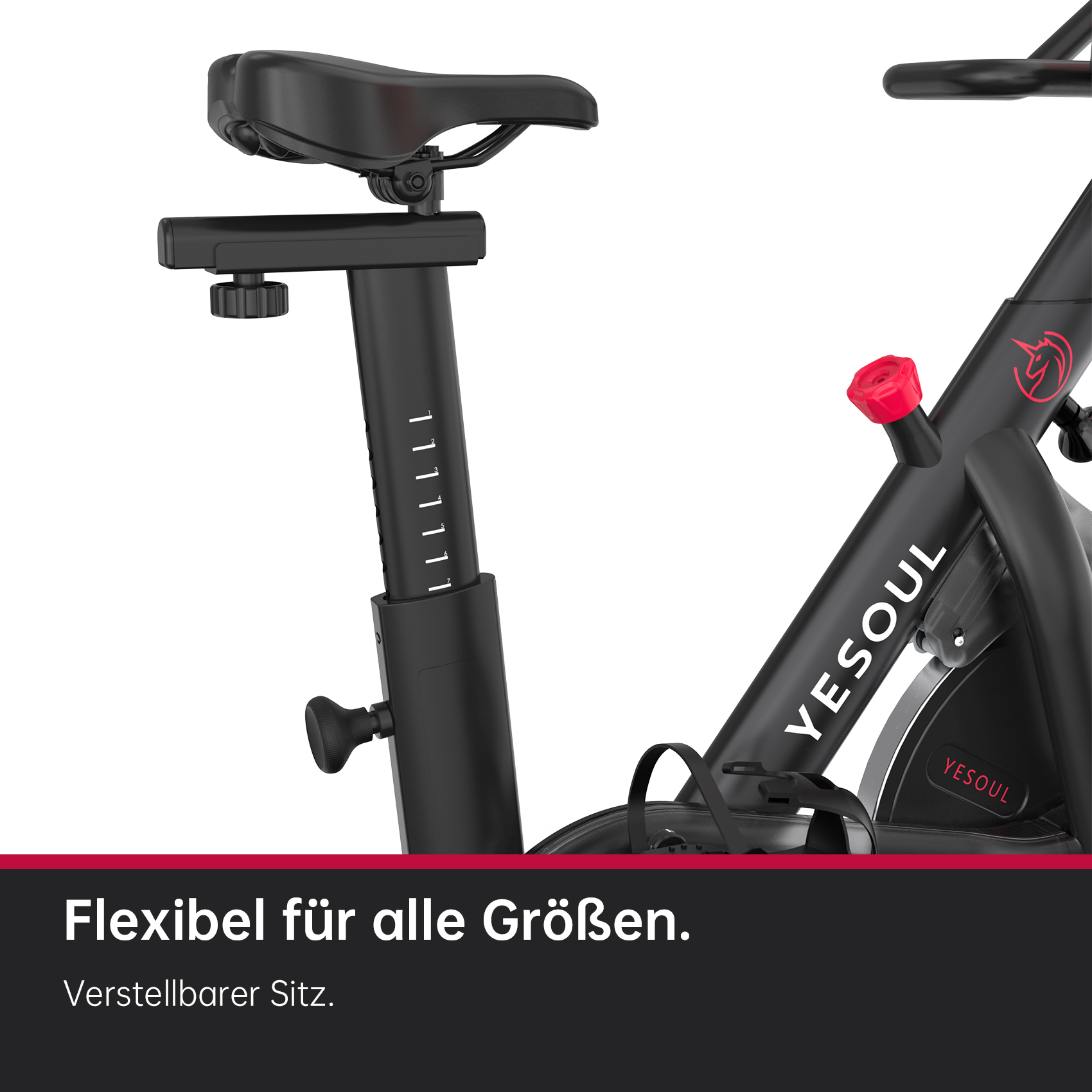 Bicicleta estática negra con asiento ajustable. Perilla y logo rojos. Texto: "Flexibel für alle Größen. Verstellbarer Sitz."
