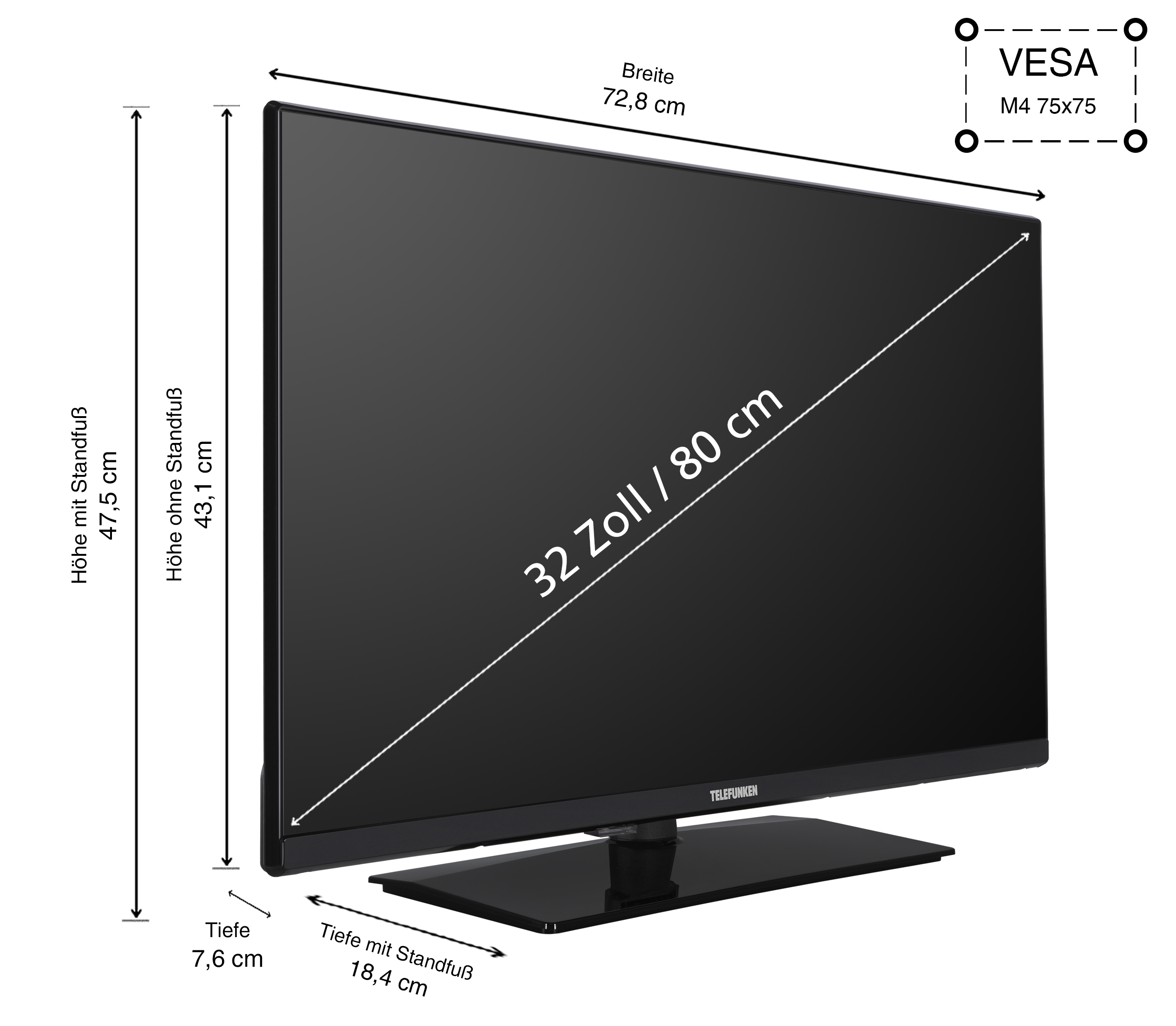 Un écran de télévision noir avec des dimensions, sur fond blanc.
