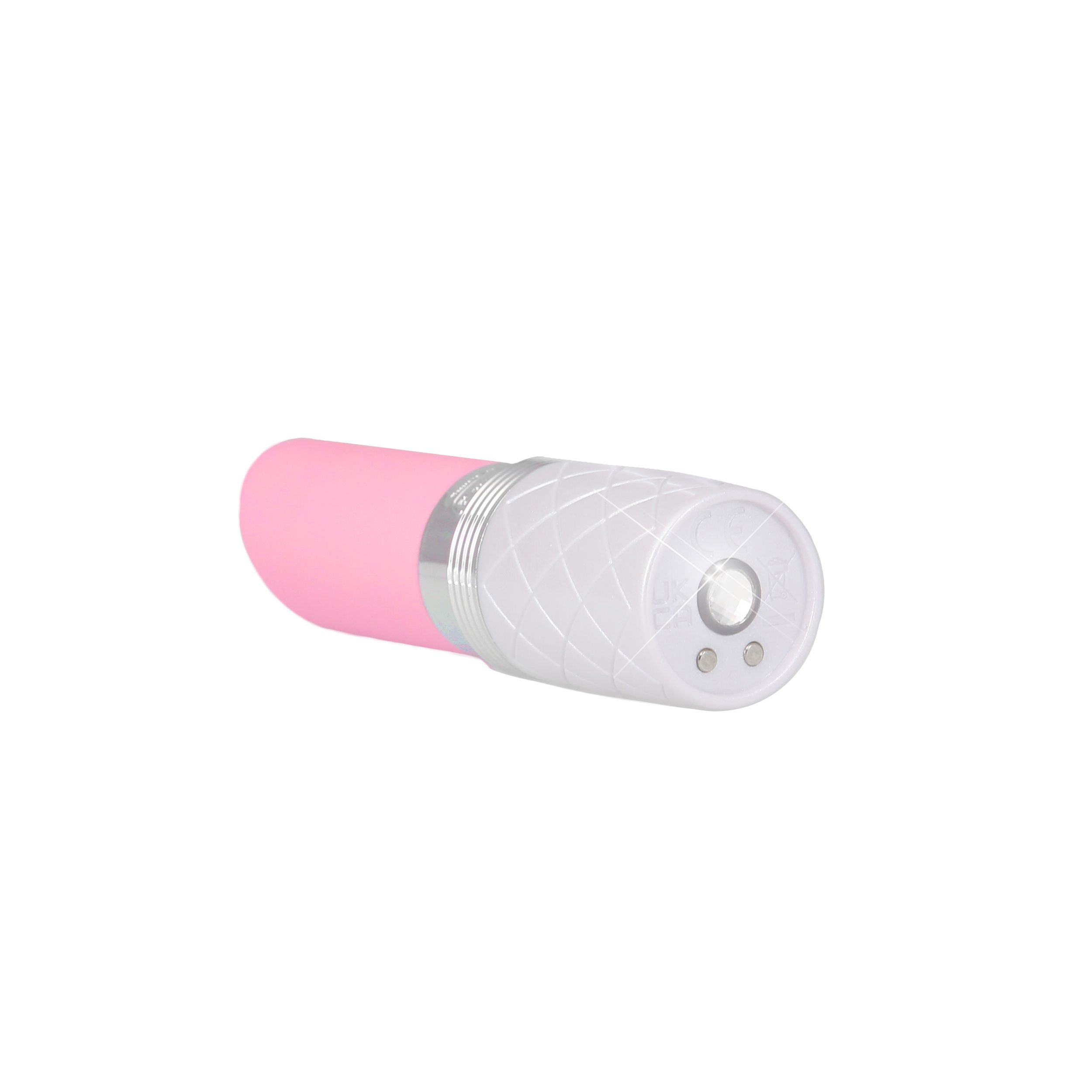 Ein rosa-weißer Vibrator mit einem strukturierten Muster auf dem weißen Teil, der horizontal auf einem weißen Hintergrund liegt.