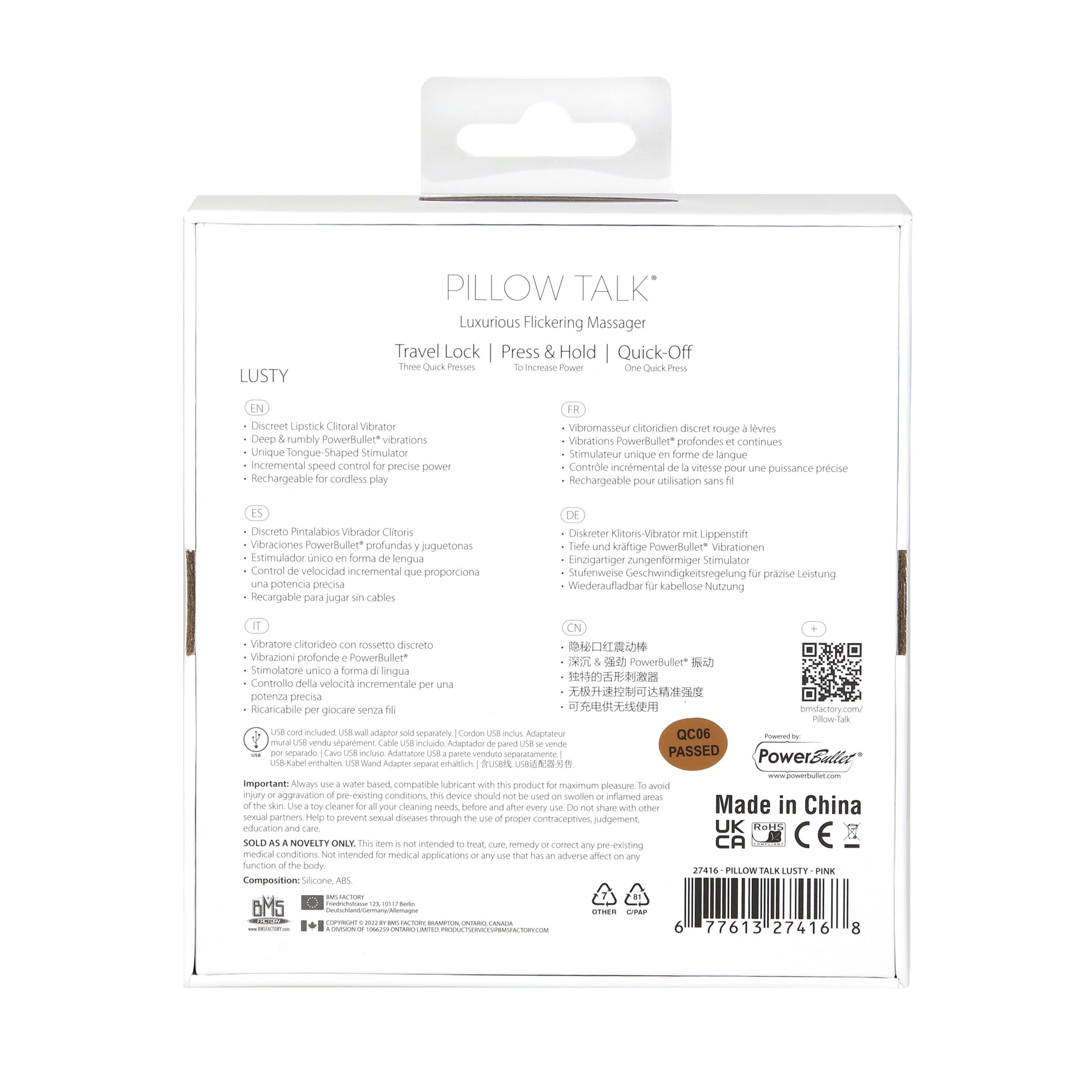 Verpackung für ein "Pillow Talk" Massagegerät, das Produktdetails und Sicherheitsinformationen in mehreren Sprachen anzeigt.