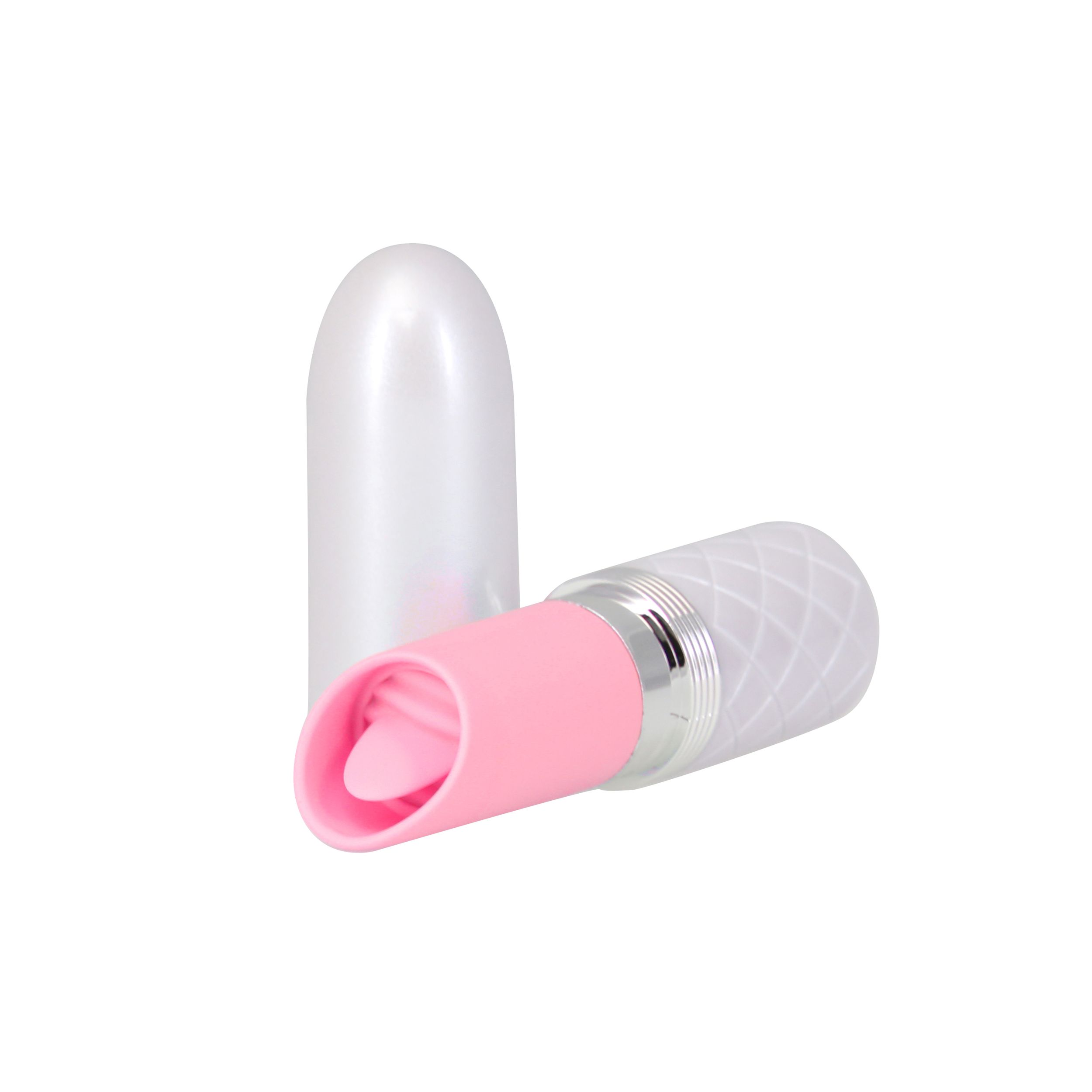 Ein rosa-weißer Vibrator mit einer weißen Kappe daneben, horizontal auf einem weißen Hintergrund liegend.