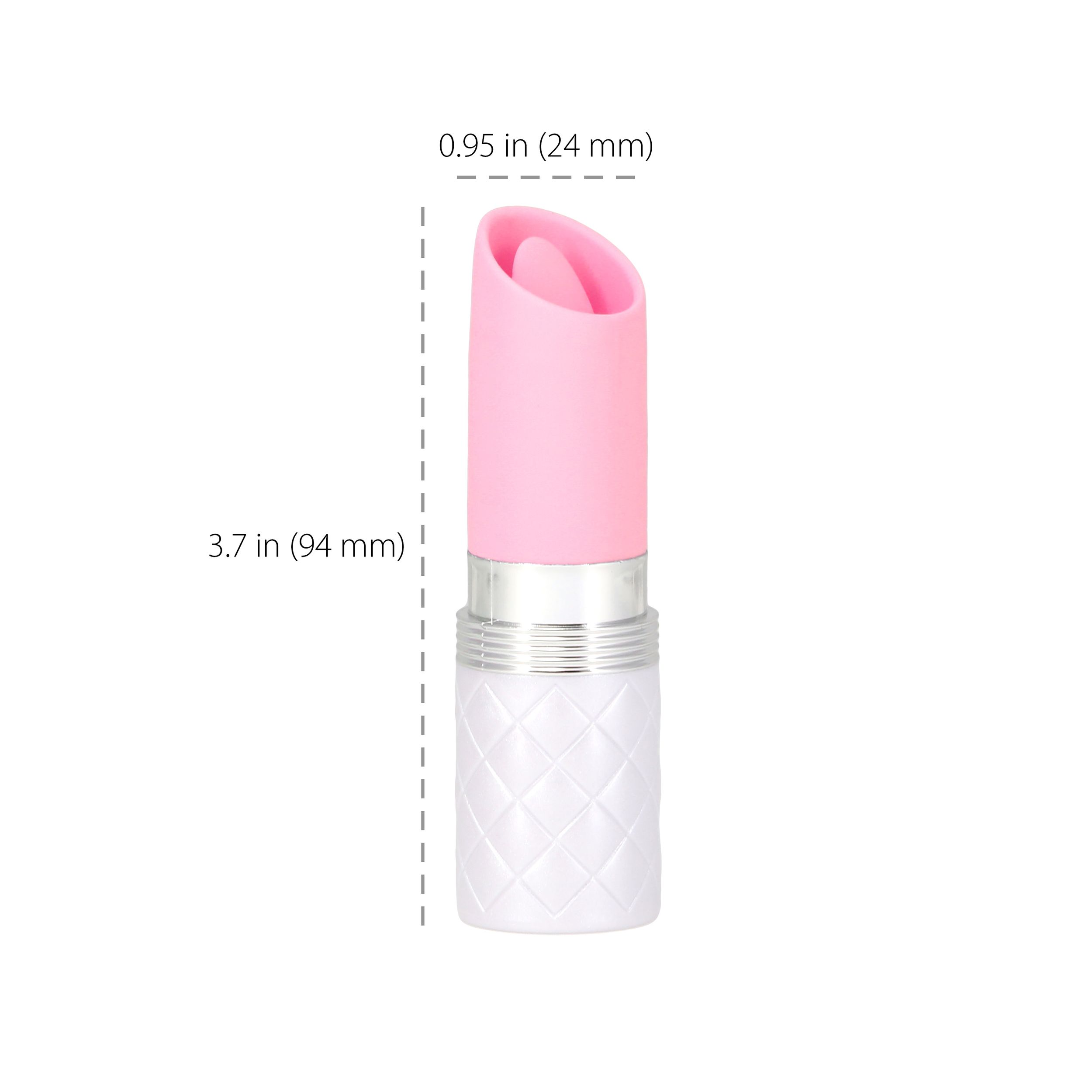 Ein weißer Hintergrund zeigt einen rosa-weißen Vibrator. Das Gerät hat Abmessungen und eine rosa Spitze.