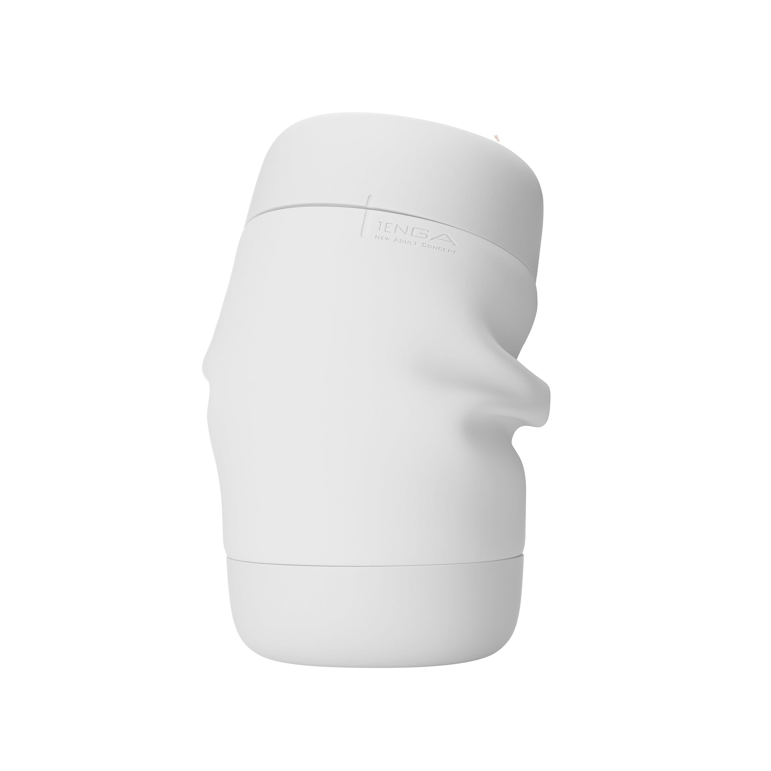 Ein weißes TENGA-Produkt mit einer geformten Form, präsentiert auf einem weißen Hintergrund.
