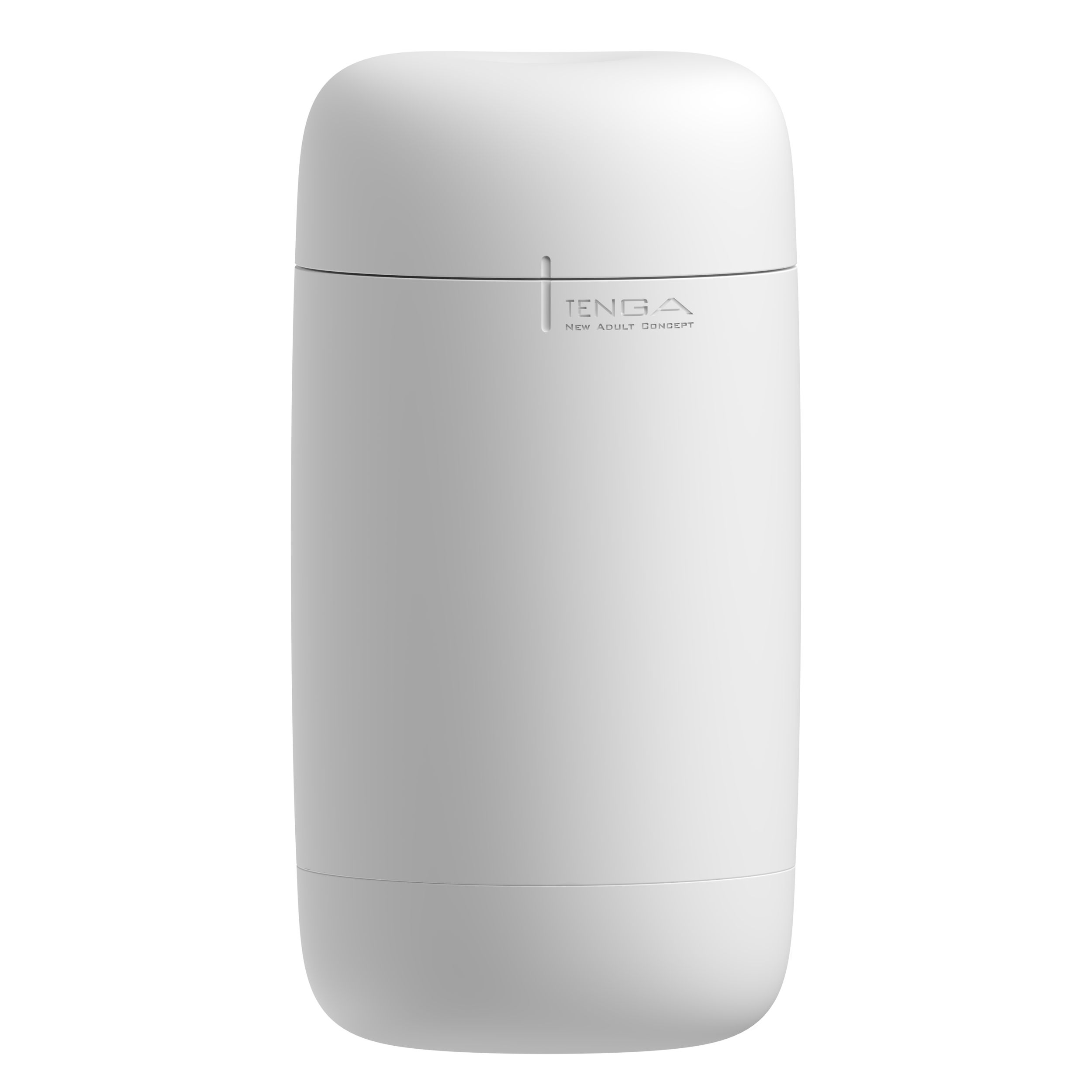Ein zylindrisches, weißes TENGA-Produkt, das aufrecht auf einem weißen Hintergrund steht, schlichtes und minimalistisches Design.