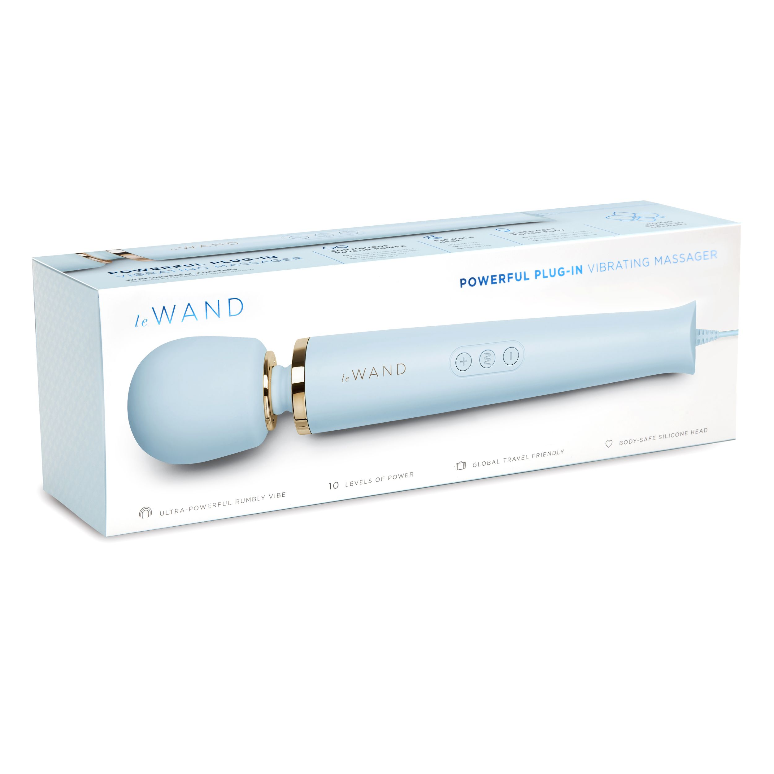 Ein hellblauer Wand-Vibrator in seiner Box. Er steht auf weißem Untergrund.