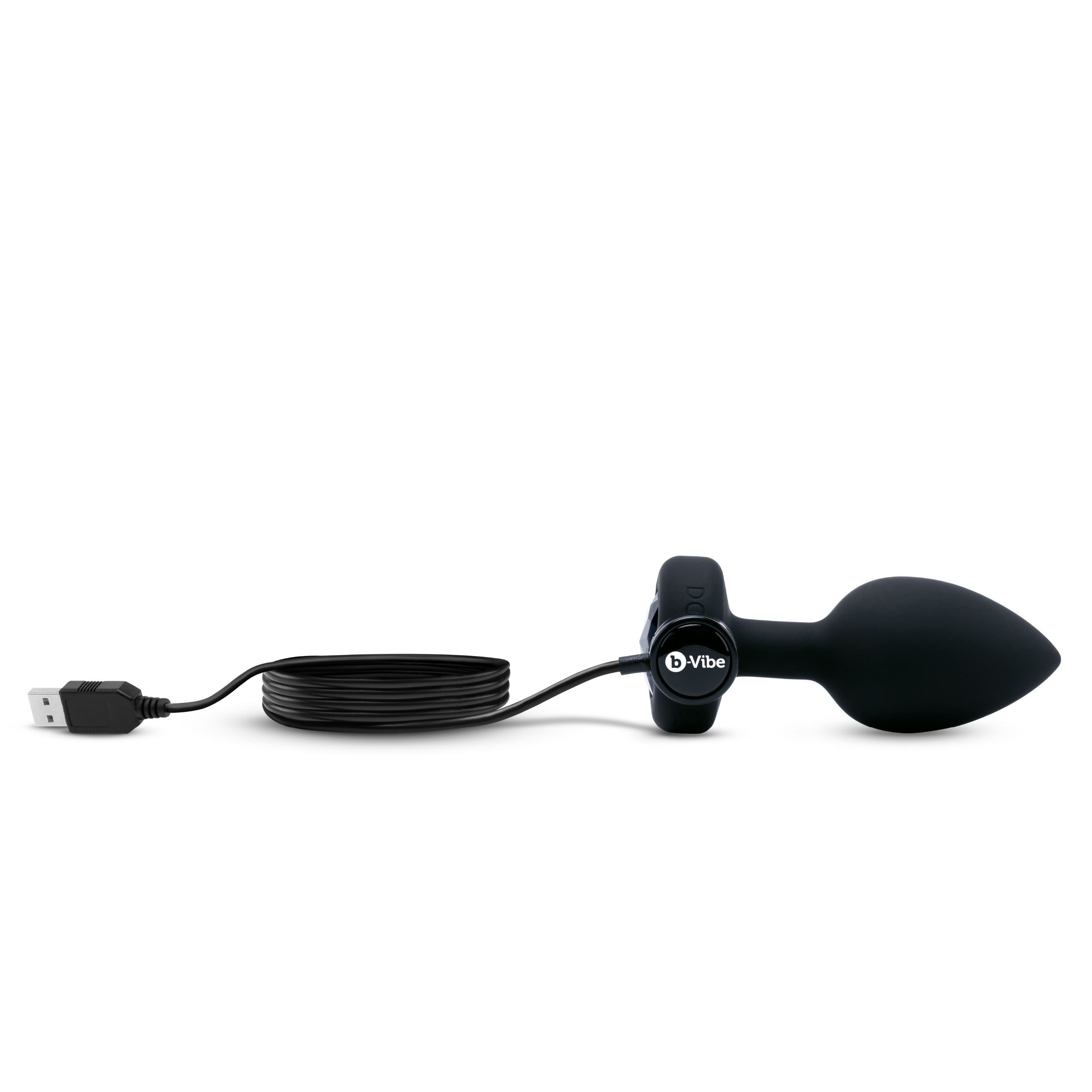Ein schwarzer b-Vibe-Plug mit USB-Kabel auf weißem Hintergrund.