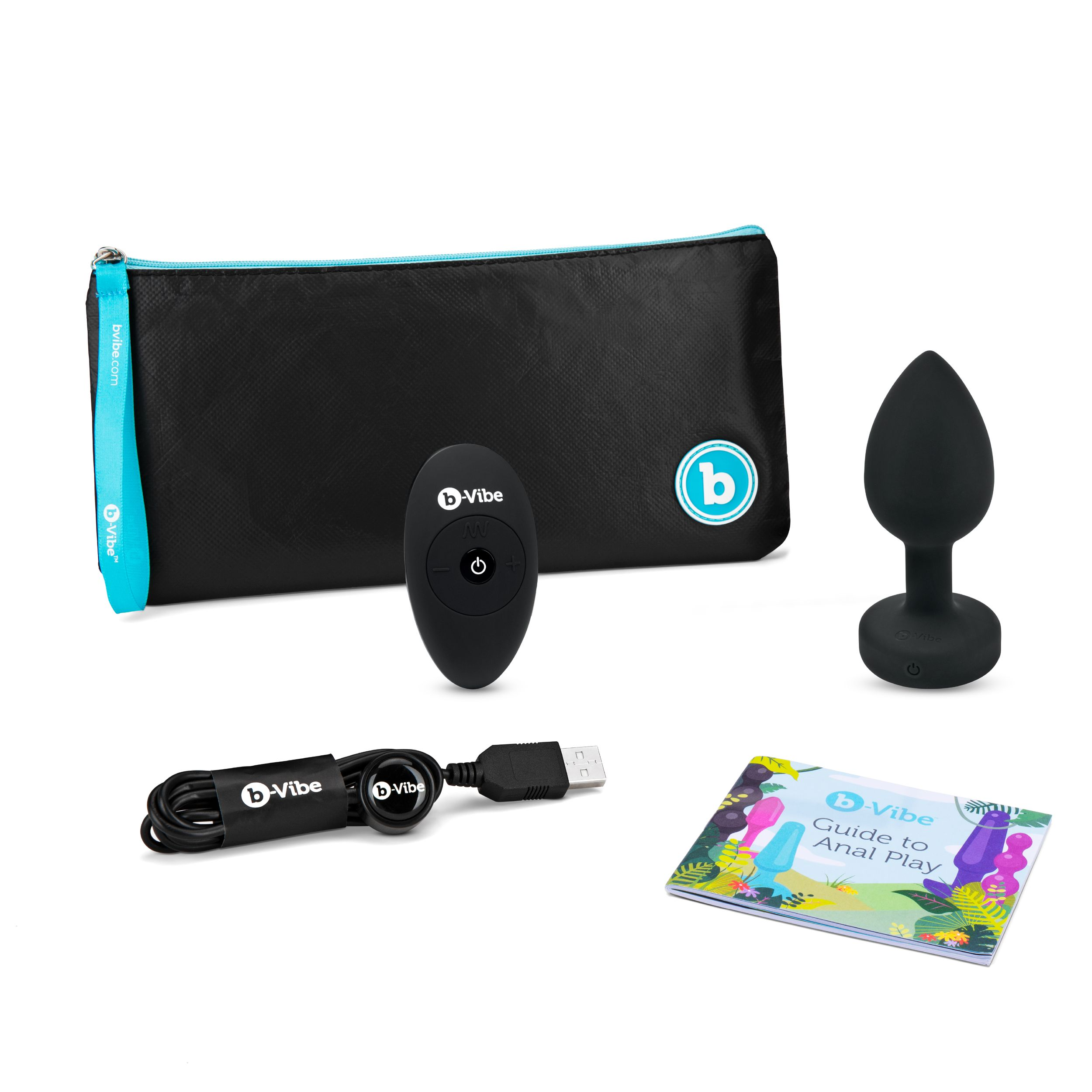 Ein schwarzes Sexspielzeug, eine Fernbedienung, ein Kabel, eine Anleitung und ein schwarzes Etui auf weißem Grund.