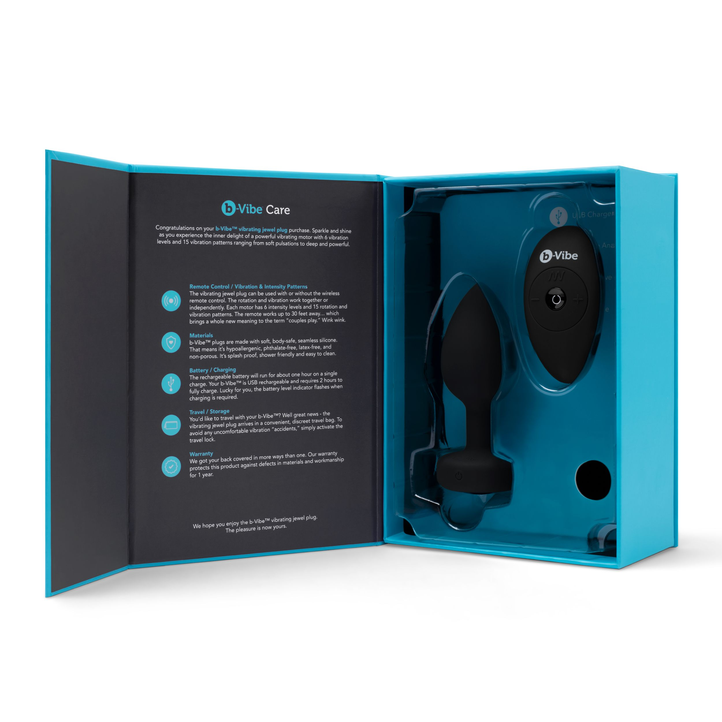 Geöffnete b-Vibe-Box mit schwarzem Plug und Produktinformationen. Weißer Hintergrund.