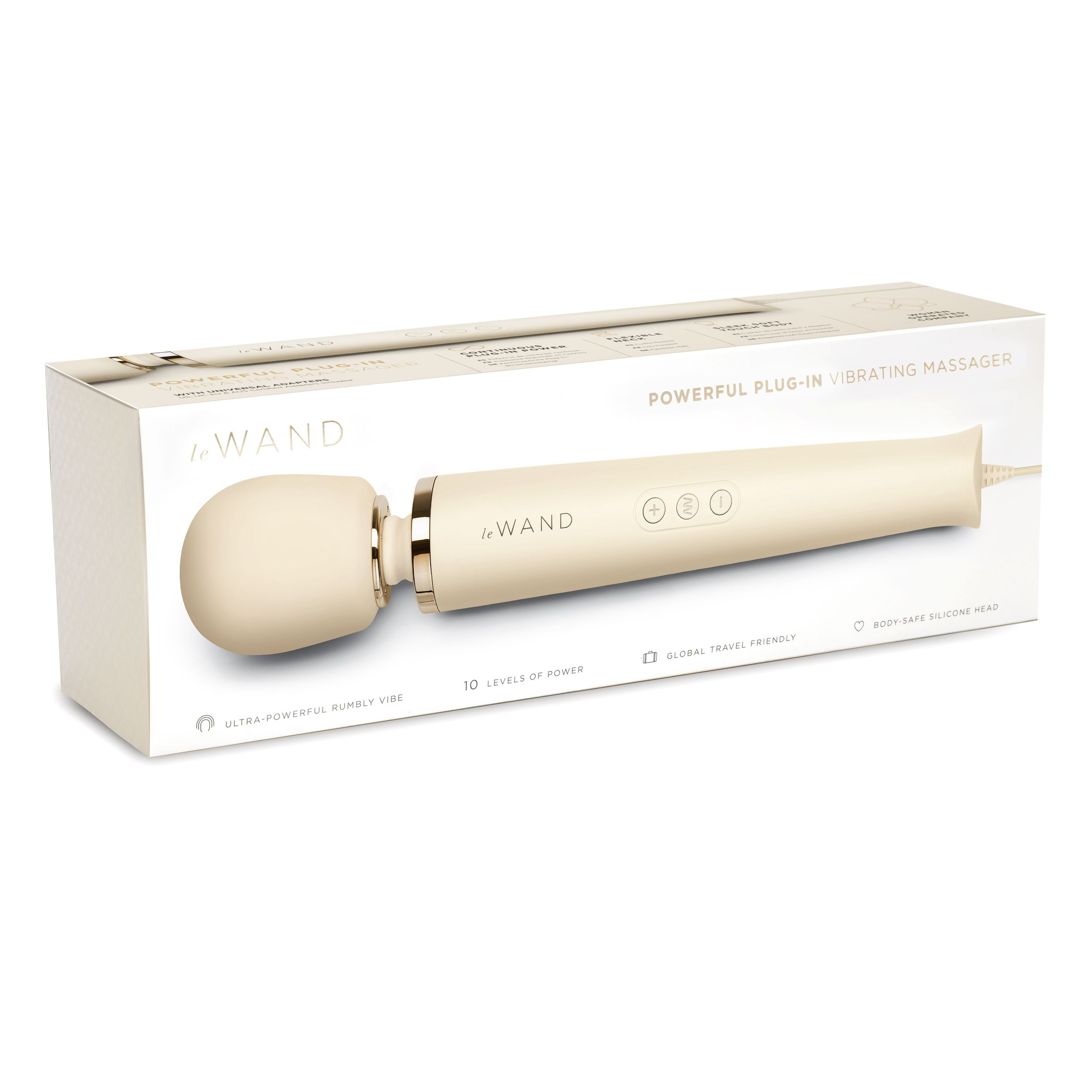 Eine weiße Schachtel mit einem Vibrator darin, mit Text auf der Schachtel.