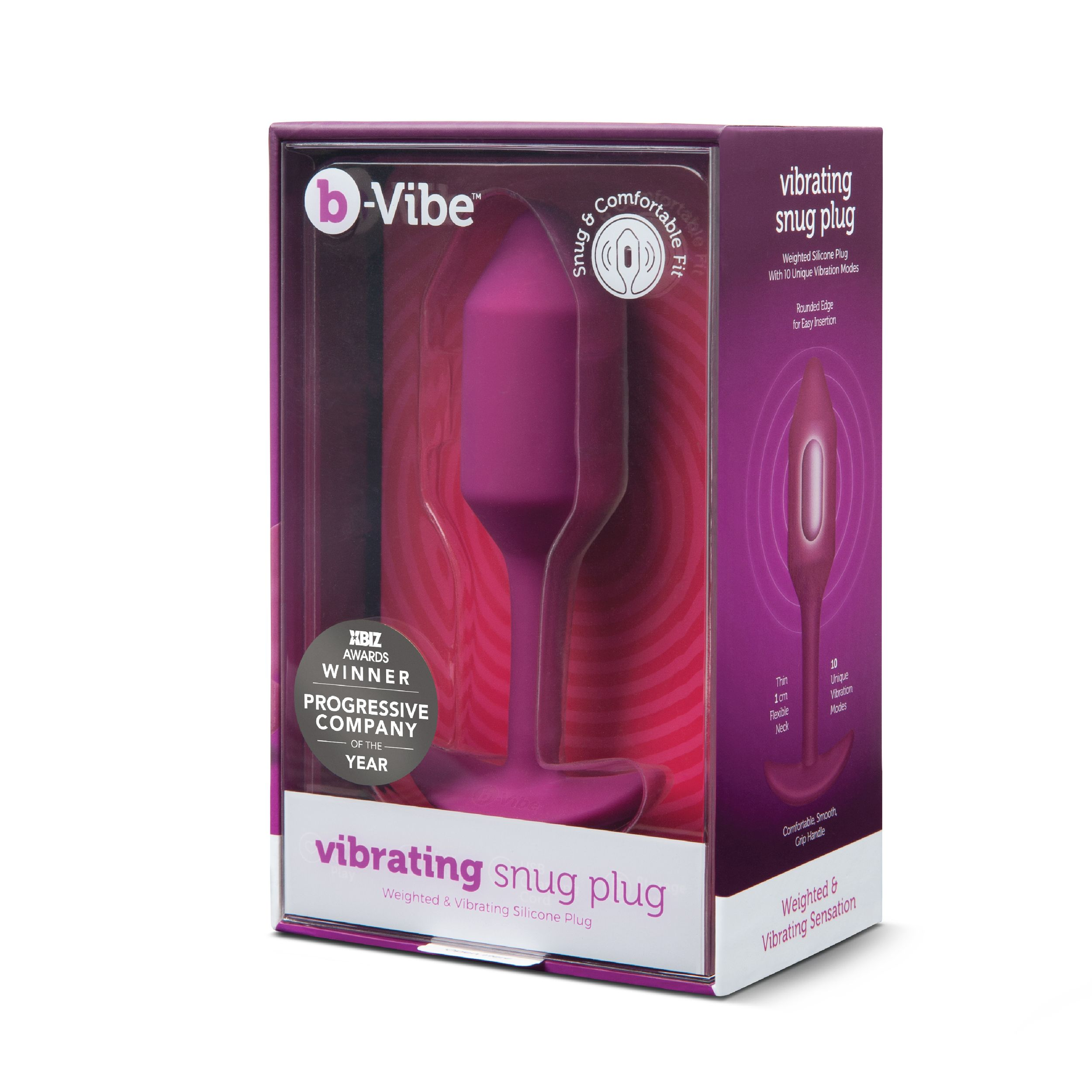 Ein rosa Vibrator in einer Box, mit Text und Bildern, auf weißem Hintergrund.