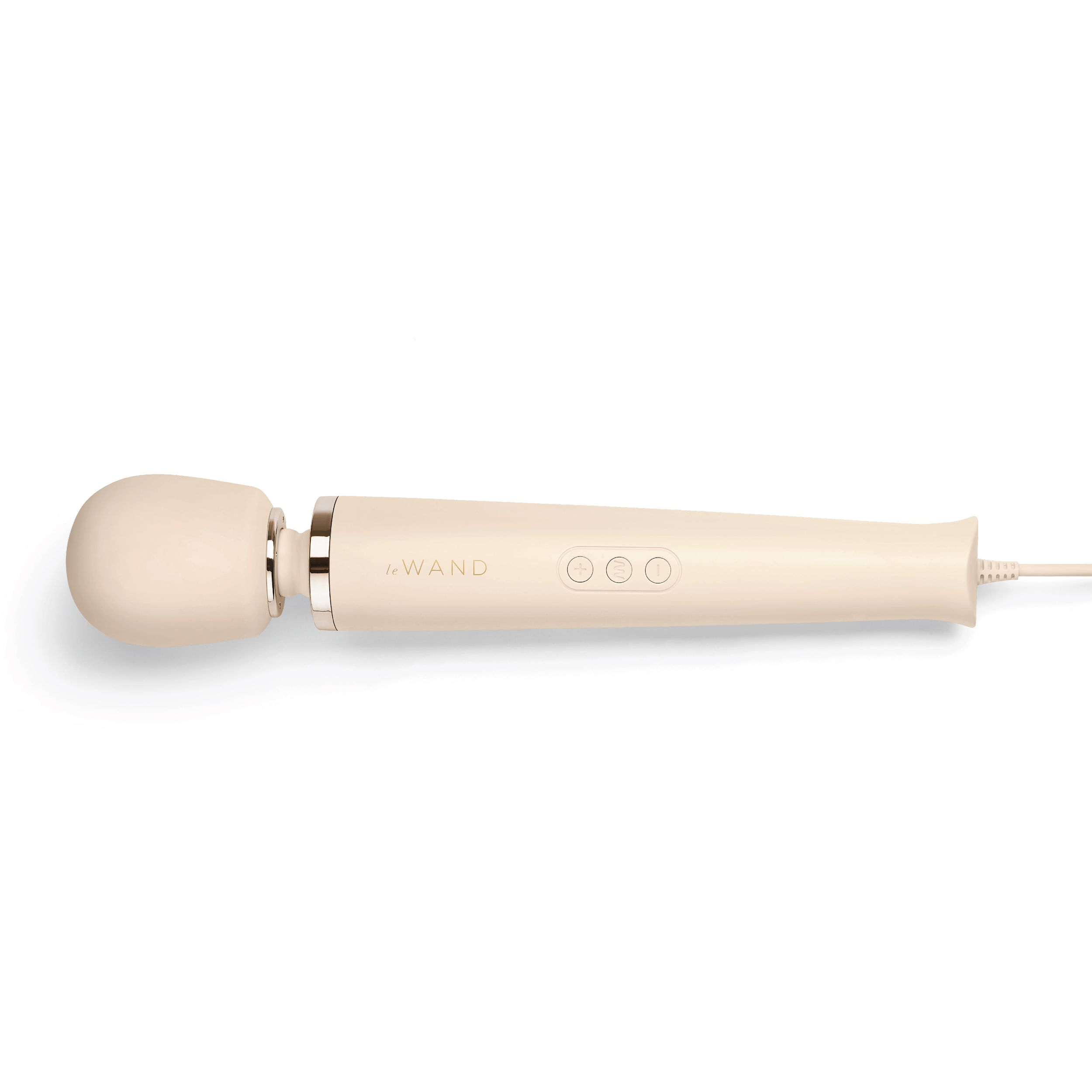 Ein weißer Vibrator mit rundem Kopf auf weißem Untergrund.