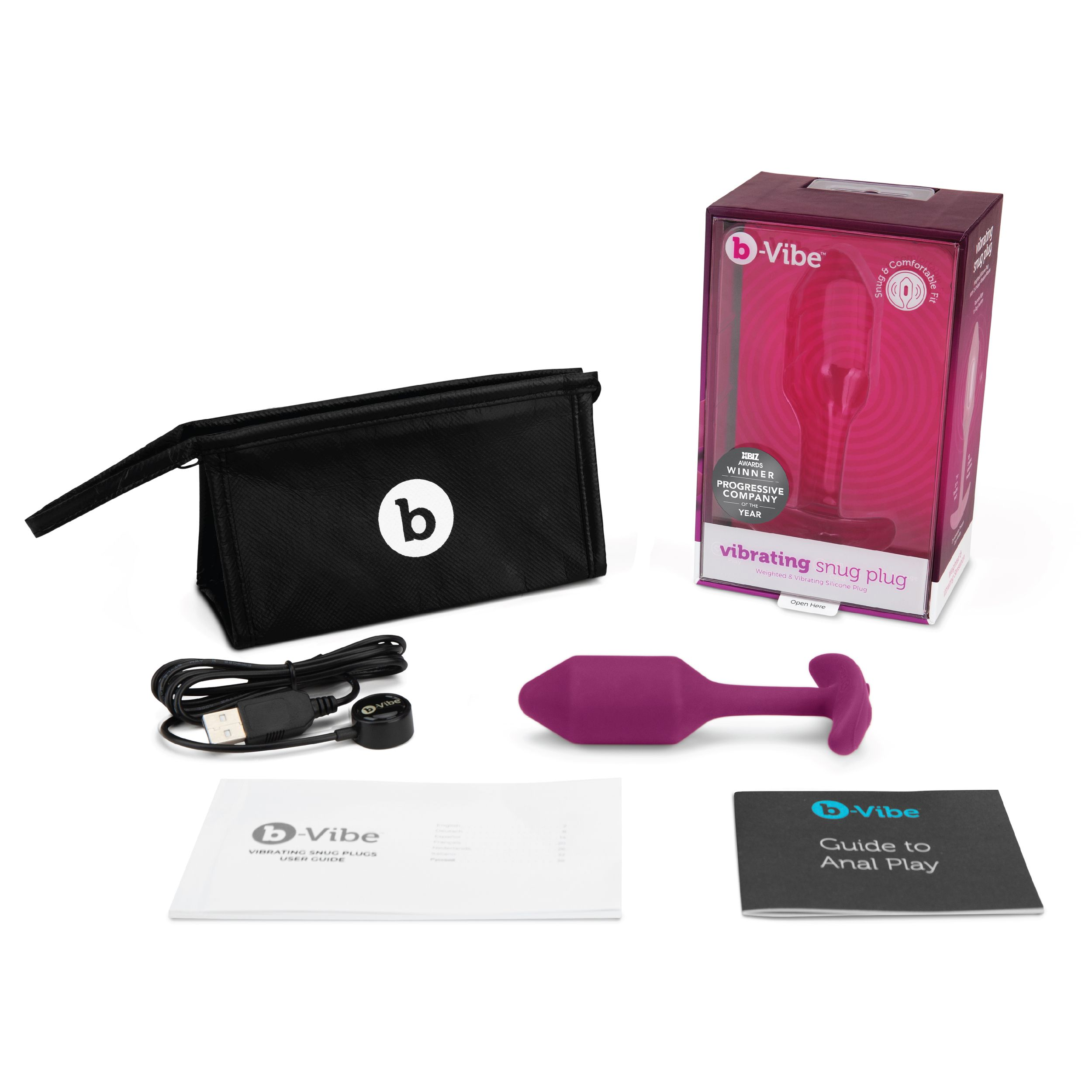 Ein violetter Vibrator, Zubehör und Box auf weißem Hintergrund. Inklusive Anleitung für Analspiele.