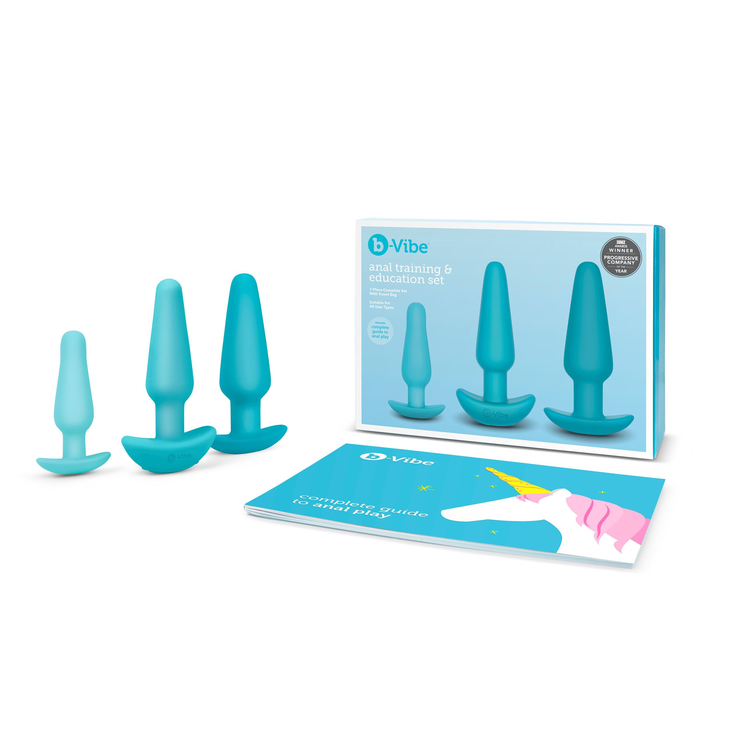 Ein Set von Anal-Trainingsspielzeugen. Enthält drei türkisfarbene Stecker und eine blau-weiße Box mit Anleitung.