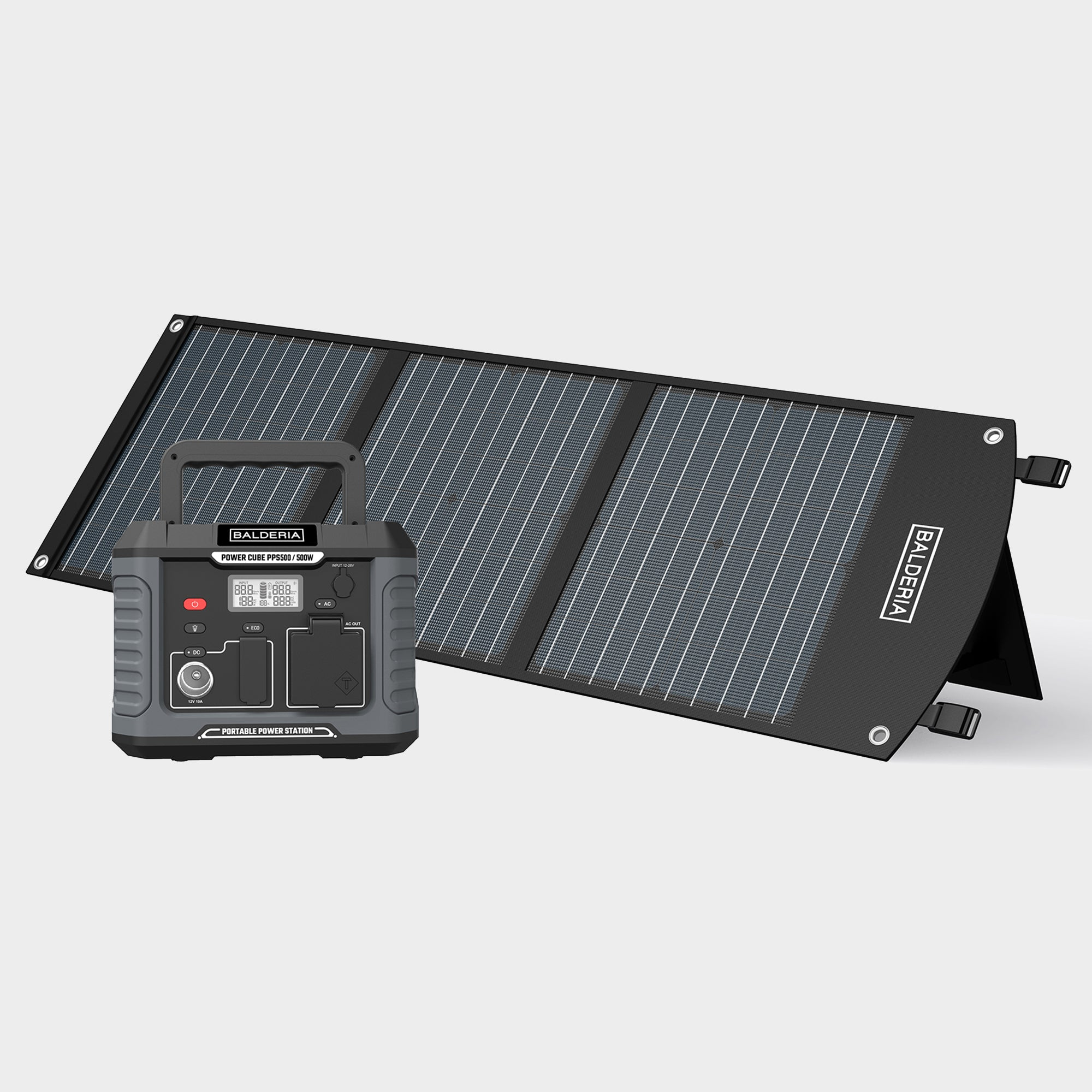 Powerstation und Solarpanel. Text: BALDERIA, Portable Power Station, POWER CORE PPS500/500W.