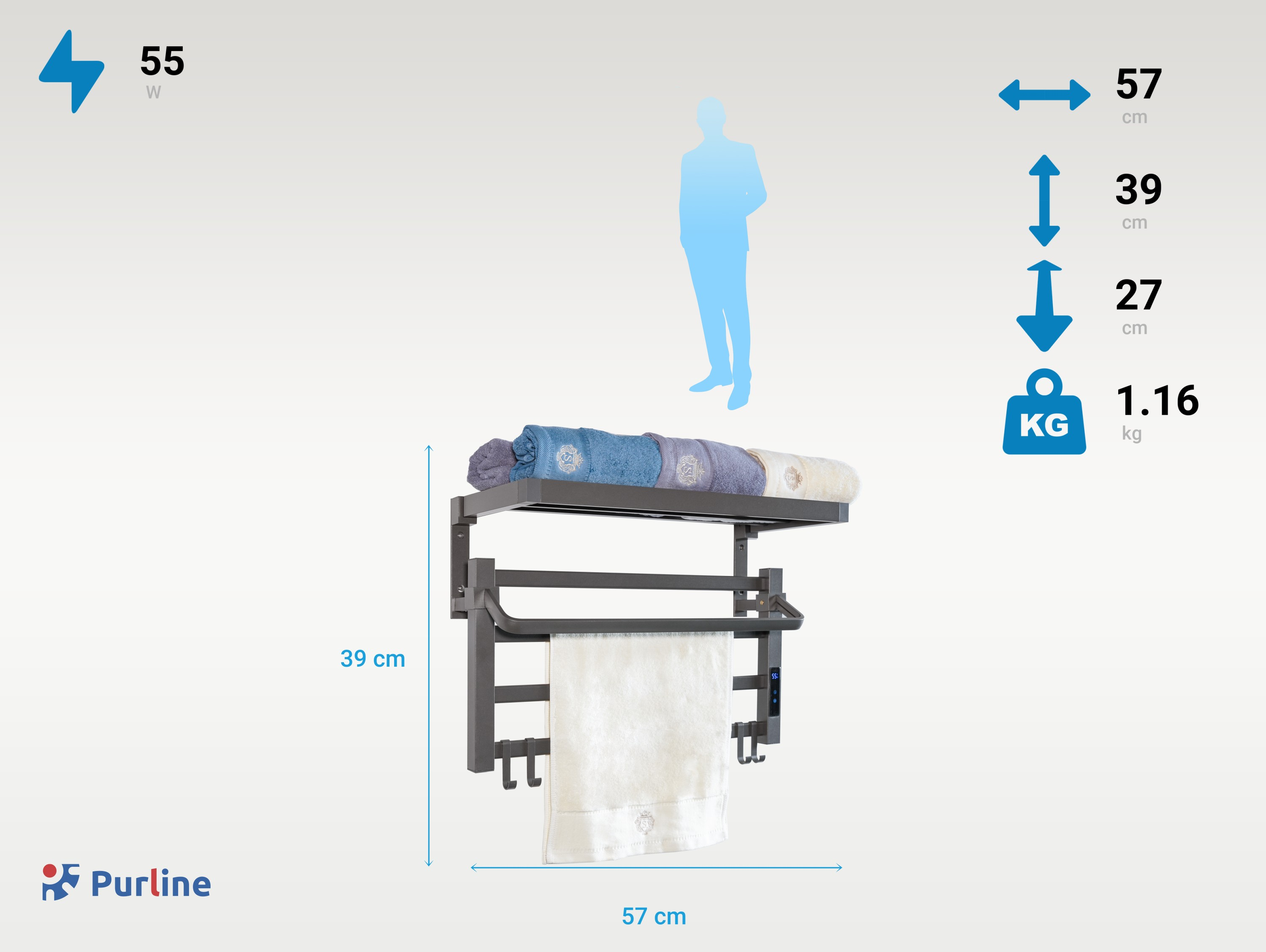 Un toallero de pared con toallas, dimensiones y silueta de persona, todo sobre fondo azul claro.
