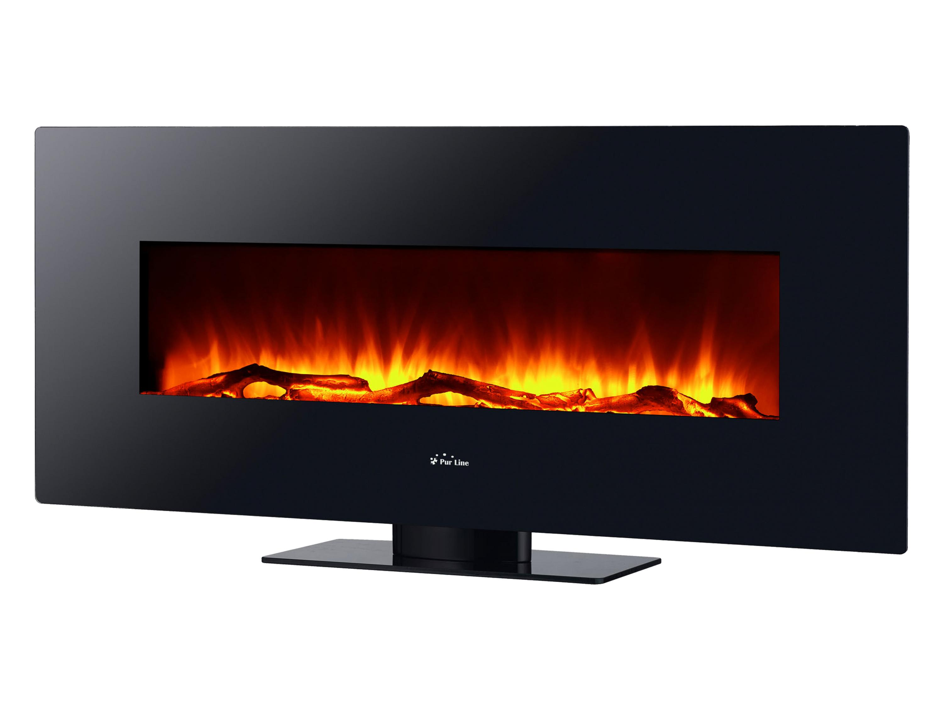 Una chimenea eléctrica negra con efecto de llama, sobre una base negra, con dimensiones.
