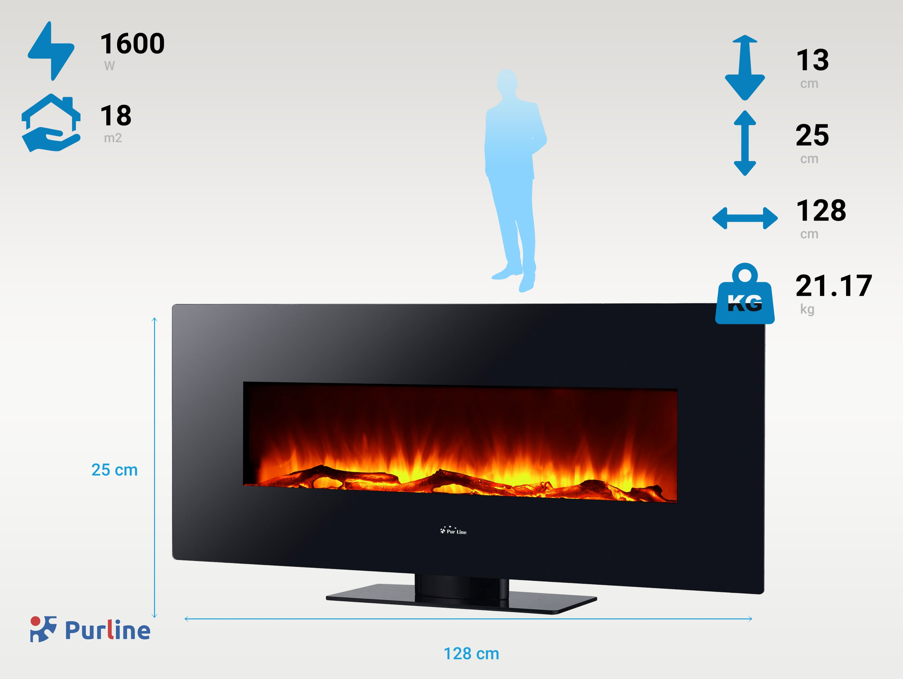 Una chimenea eléctrica negra grande con efecto de llama, dimensiones y silueta de persona sobre base negra.