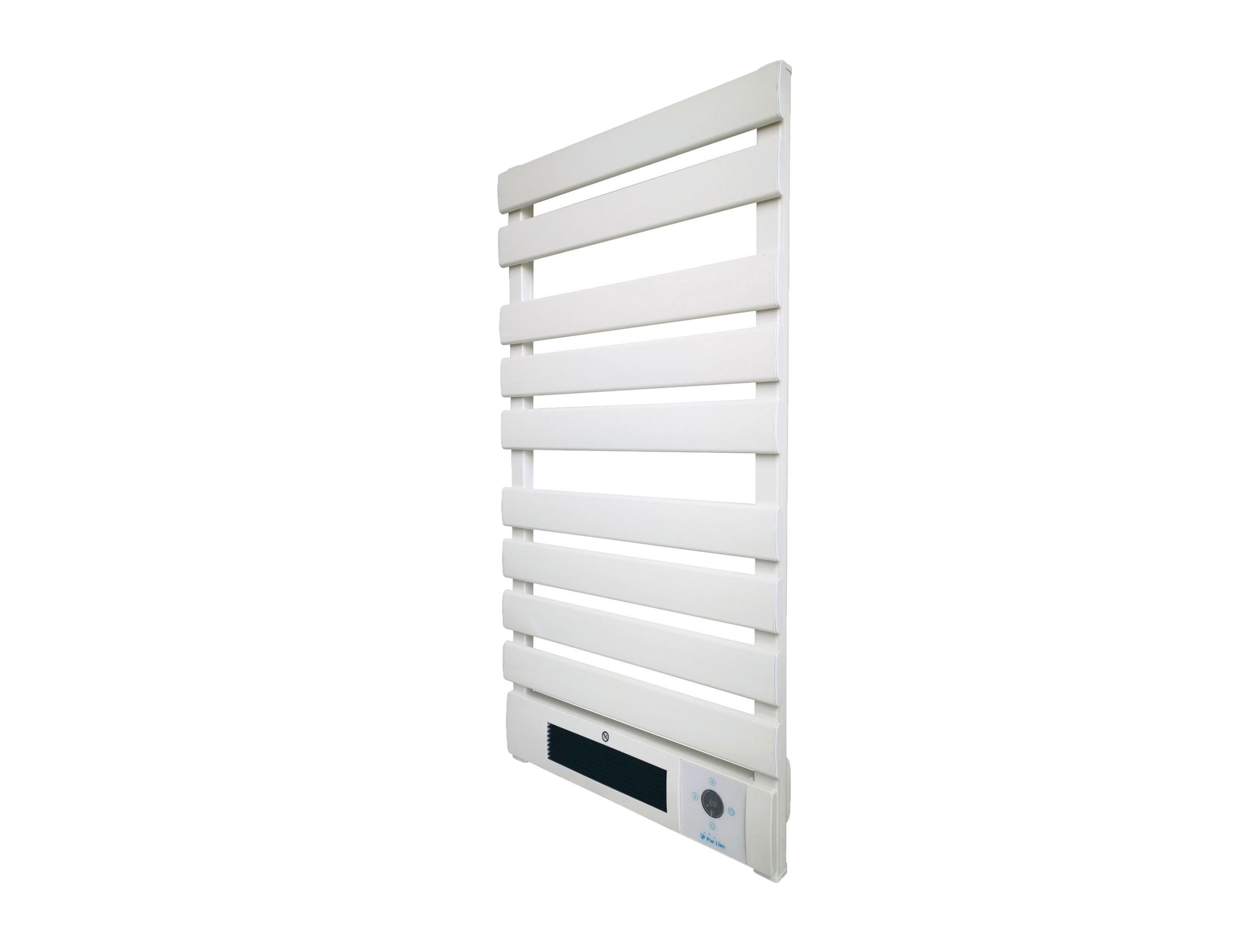 Un toallero blanco vertical tipo escalera con barras horizontales, con panel de control, sobre fondo blanco.