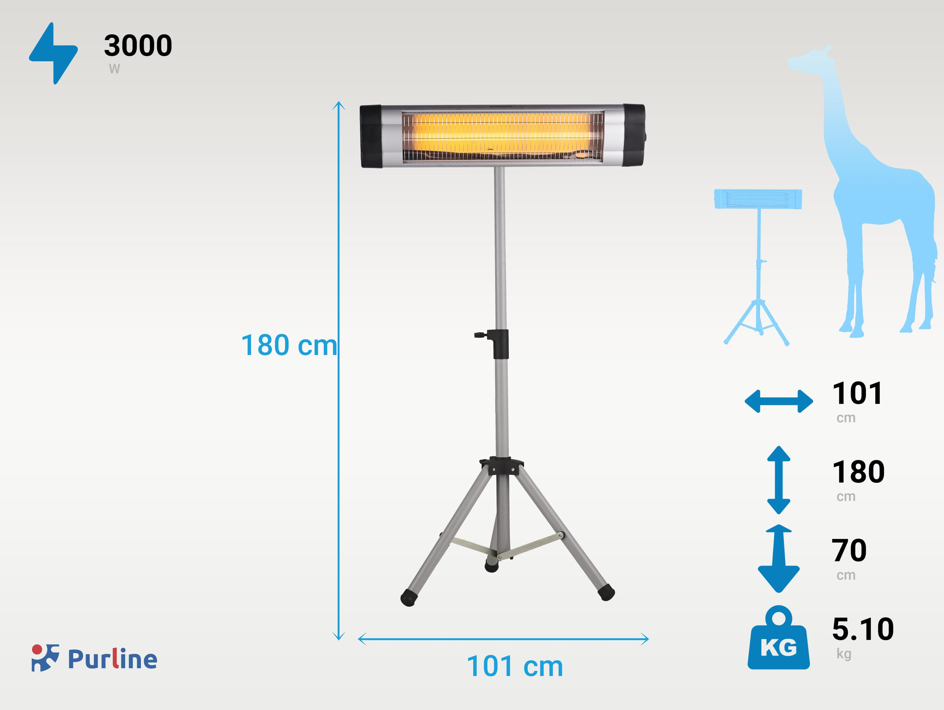 Un calefactor infrarrojo de pie con elemento calefactor horizontal y base de trípode, con dimensiones y silueta de jirafa.