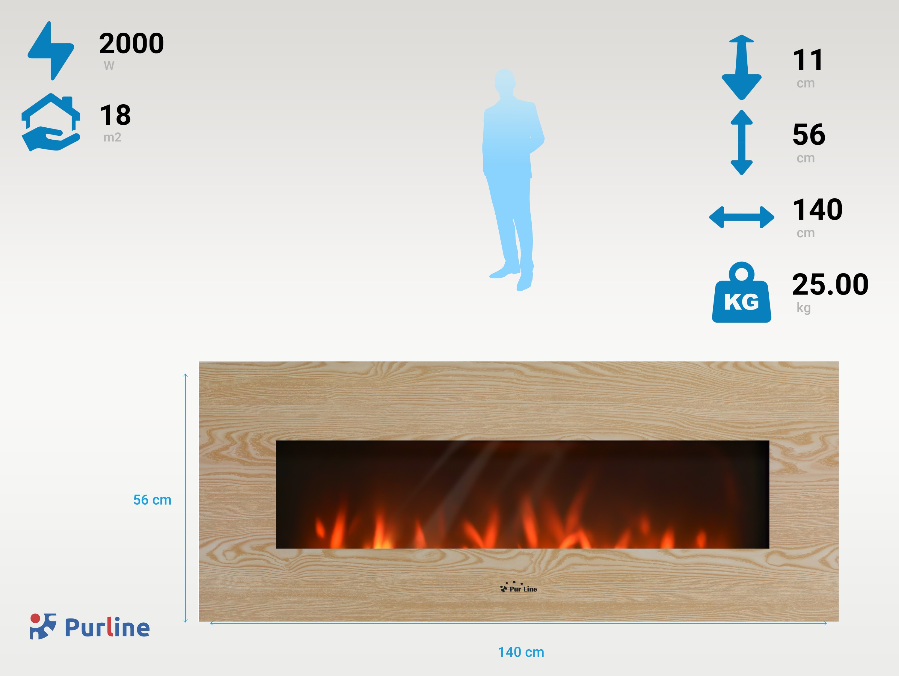 Una chimenea eléctrica de madera con llamas y dimensiones. Cuenta con un marco de madera y un logotipo de Purline.