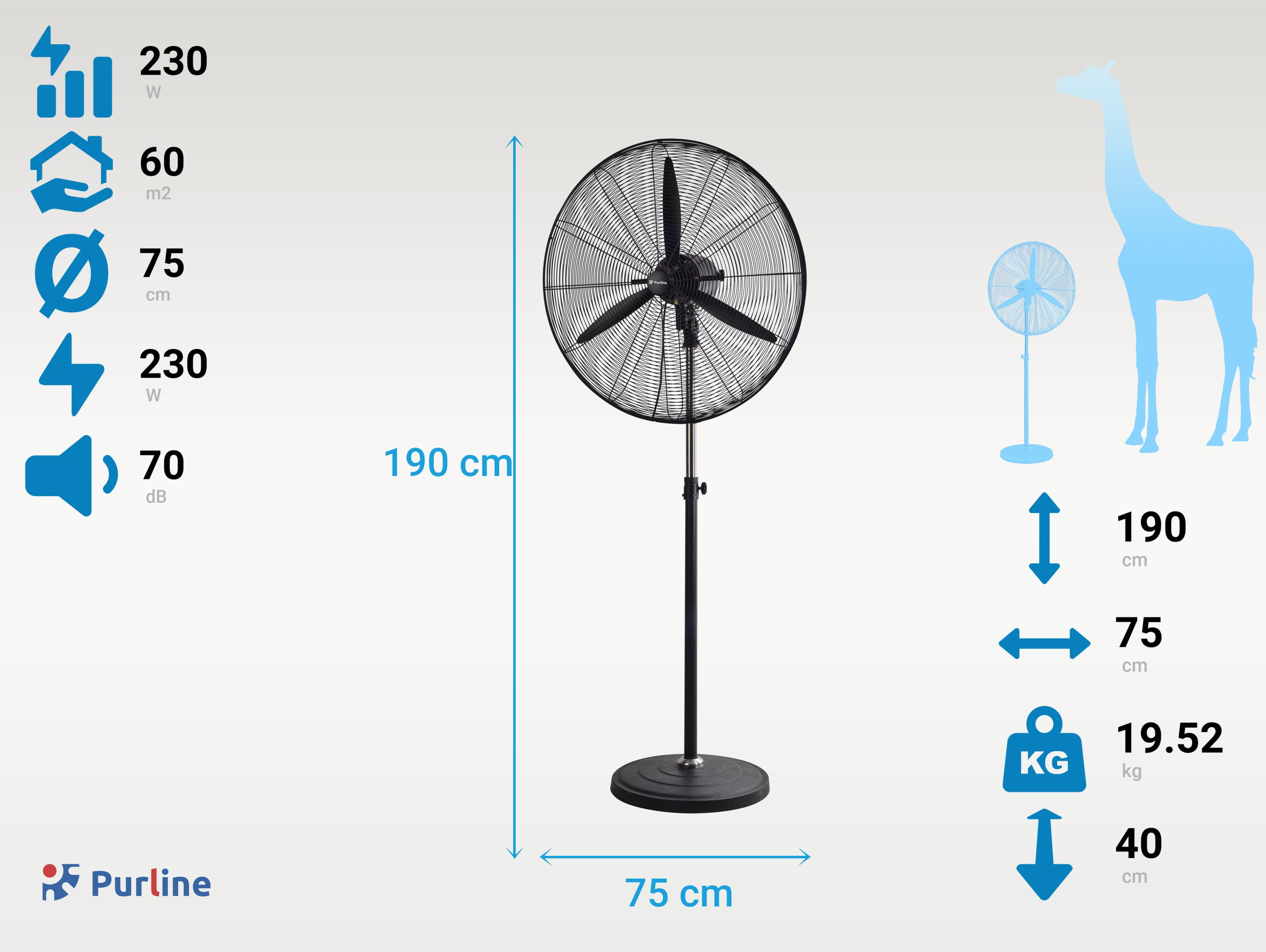 Ventilador de pie negro con tres aspas, dimensiones etiquetadas y silueta de una jirafa en el fondo.
