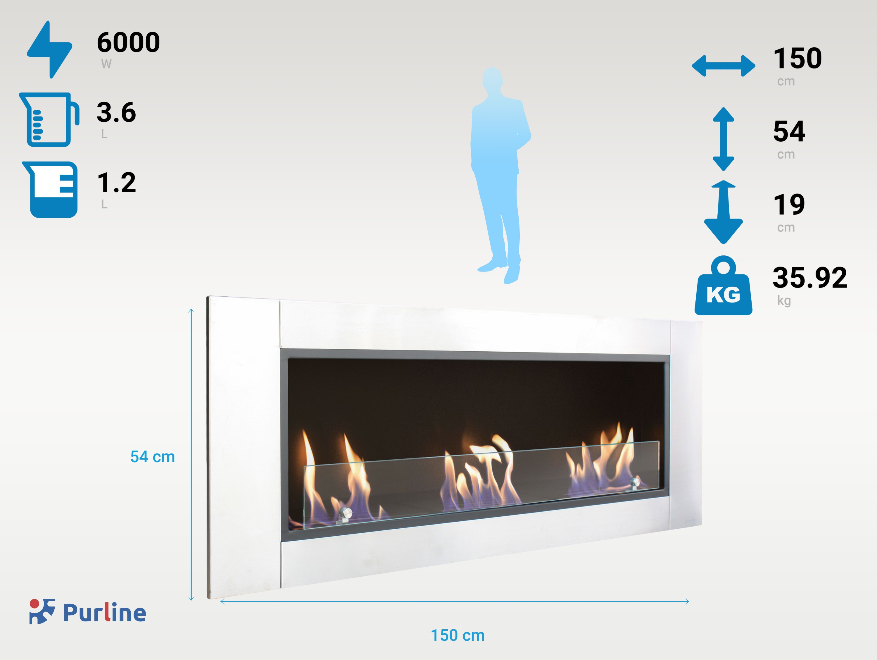 Un camino bianco e lungo con fiamme, vetro e specifiche. Dimensioni e specifiche visibili.