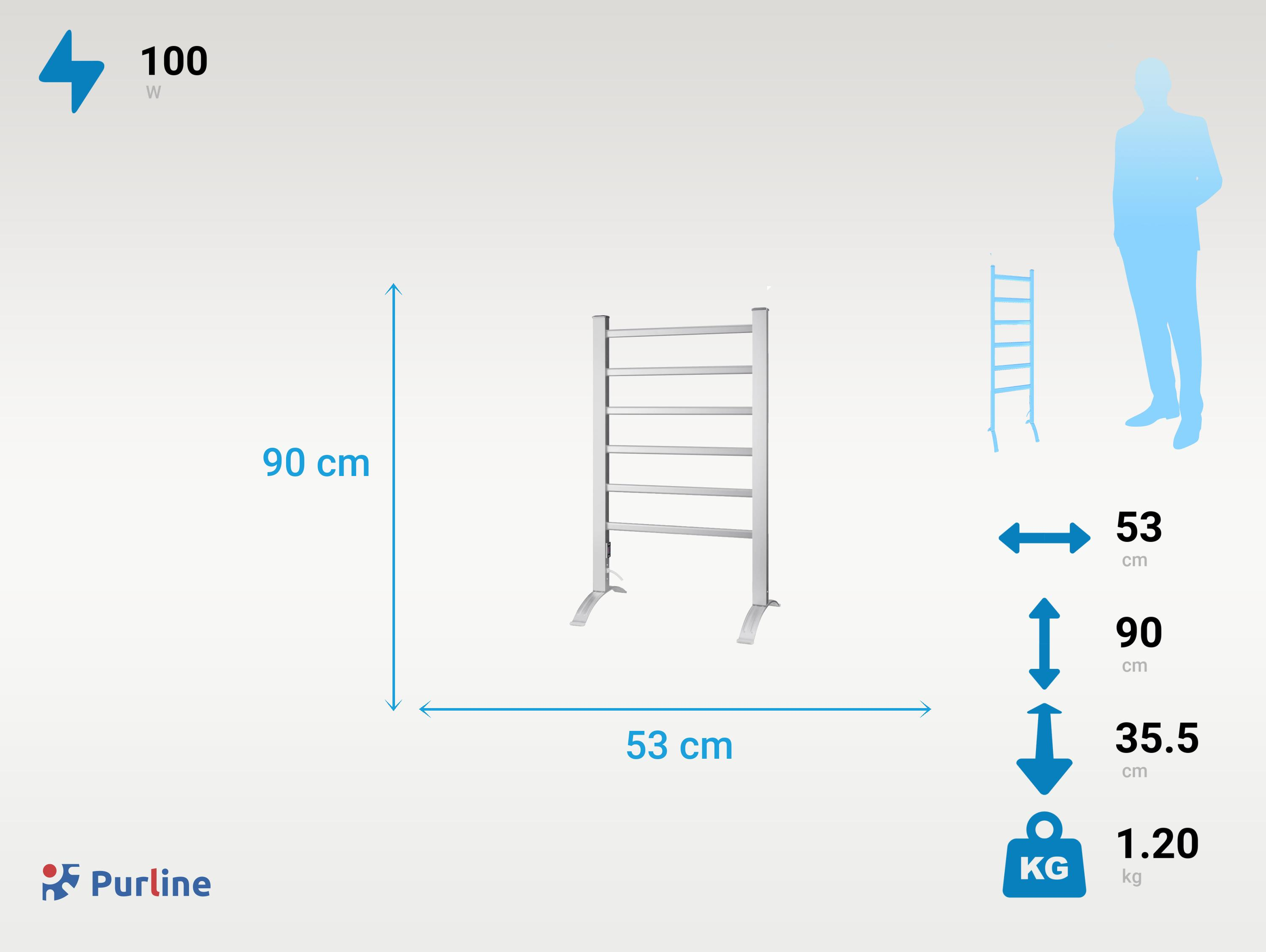 Toallero blanco, dimensiones y silueta humana. Potencia y peso a la izquierda.