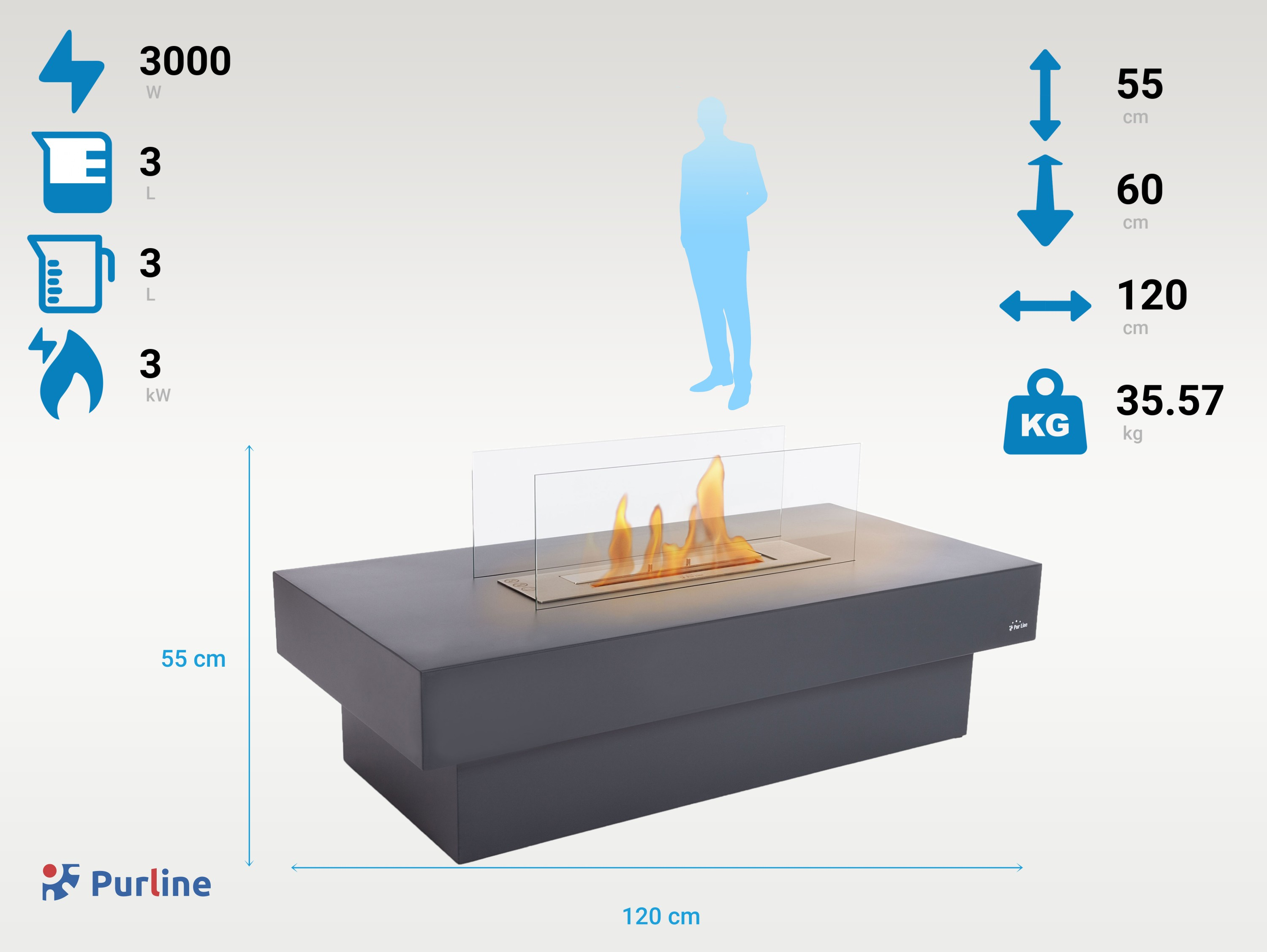 Chimenea rectangular gris oscuro con llamas, dimensiones y especificaciones incluidas.
