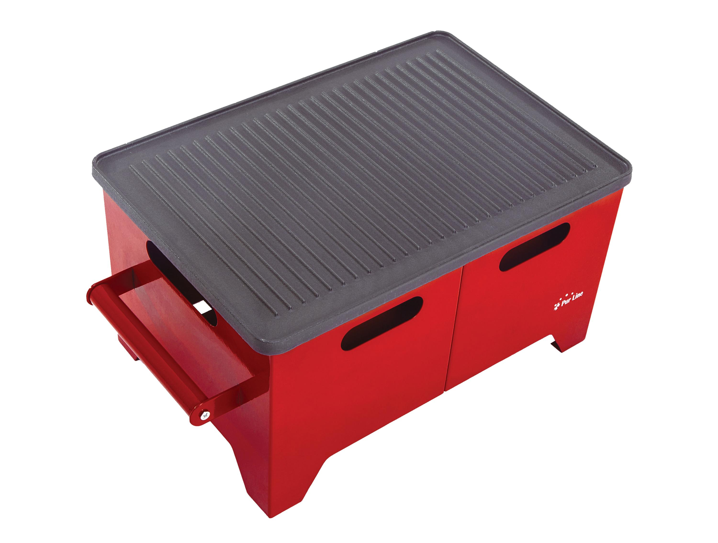 Ein roter rechteckiger Grill mit dunklergrauer Grillplatte und einem herausziehbaren Fach.