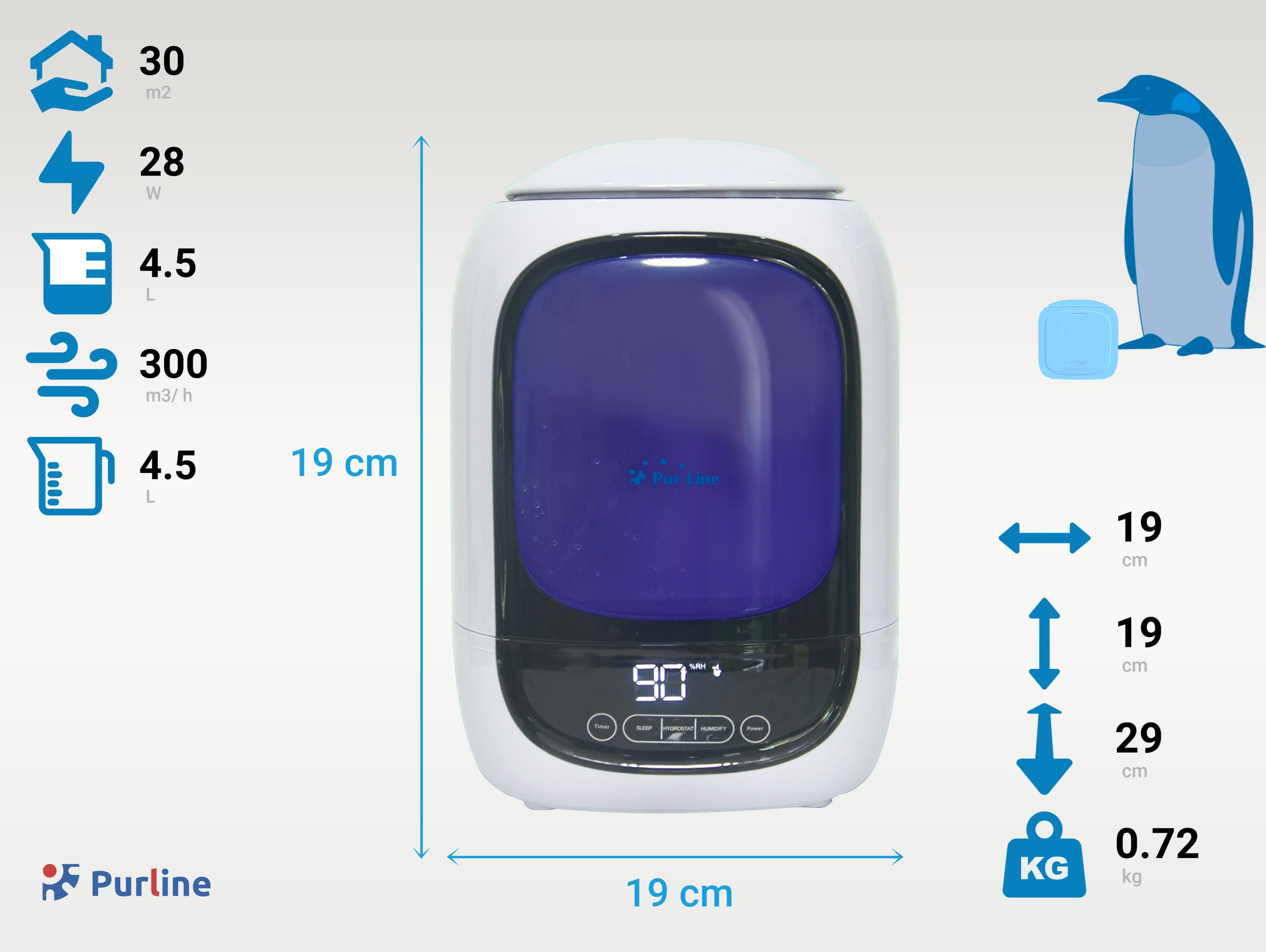 Un umidificatore bianco e blu con un pinguino. Ha un display digitale e le dimensioni sono elencate.