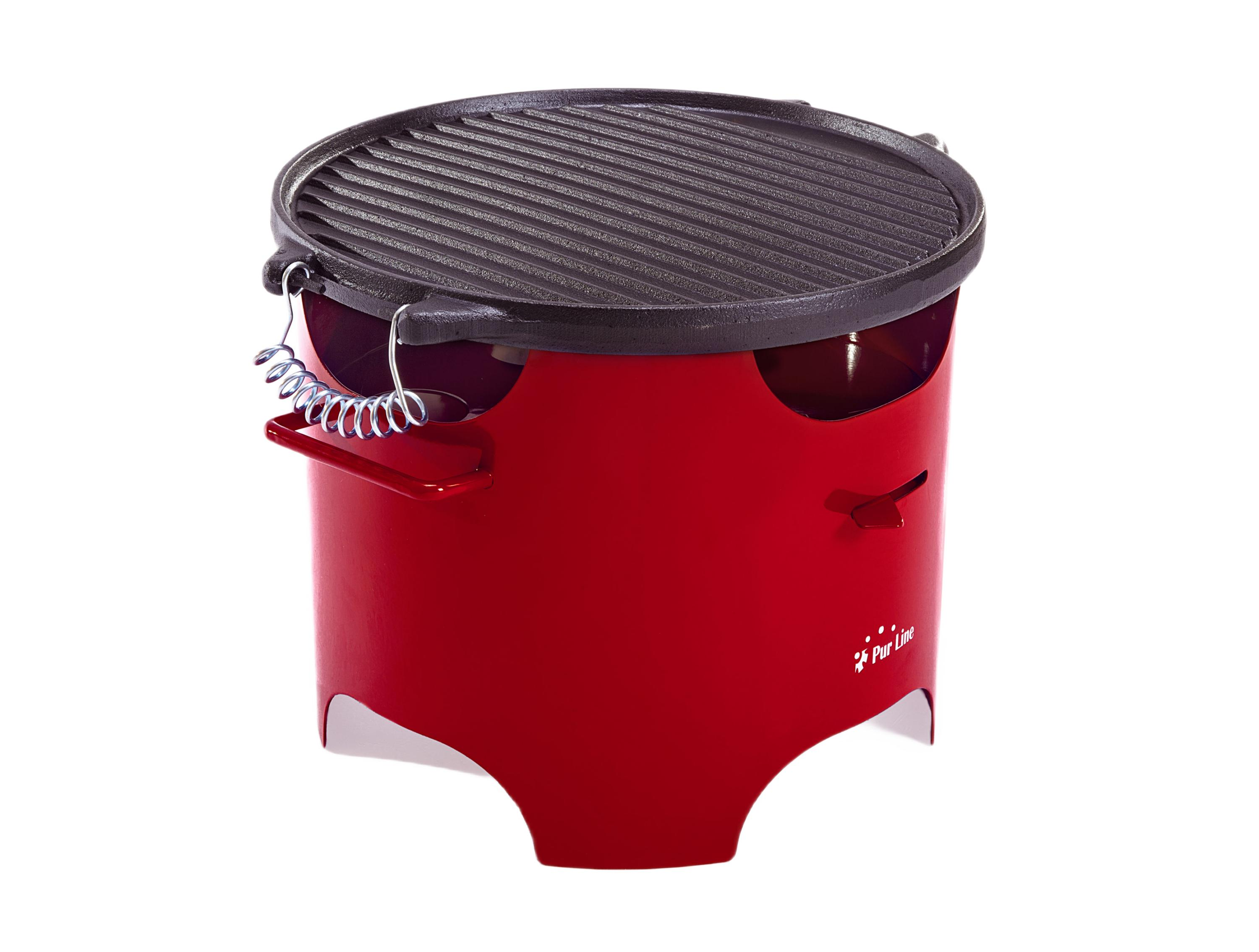 Roter tragbarer Grill mit schwarzem Grillrost. Mit Griffen und Pur Line Logo.