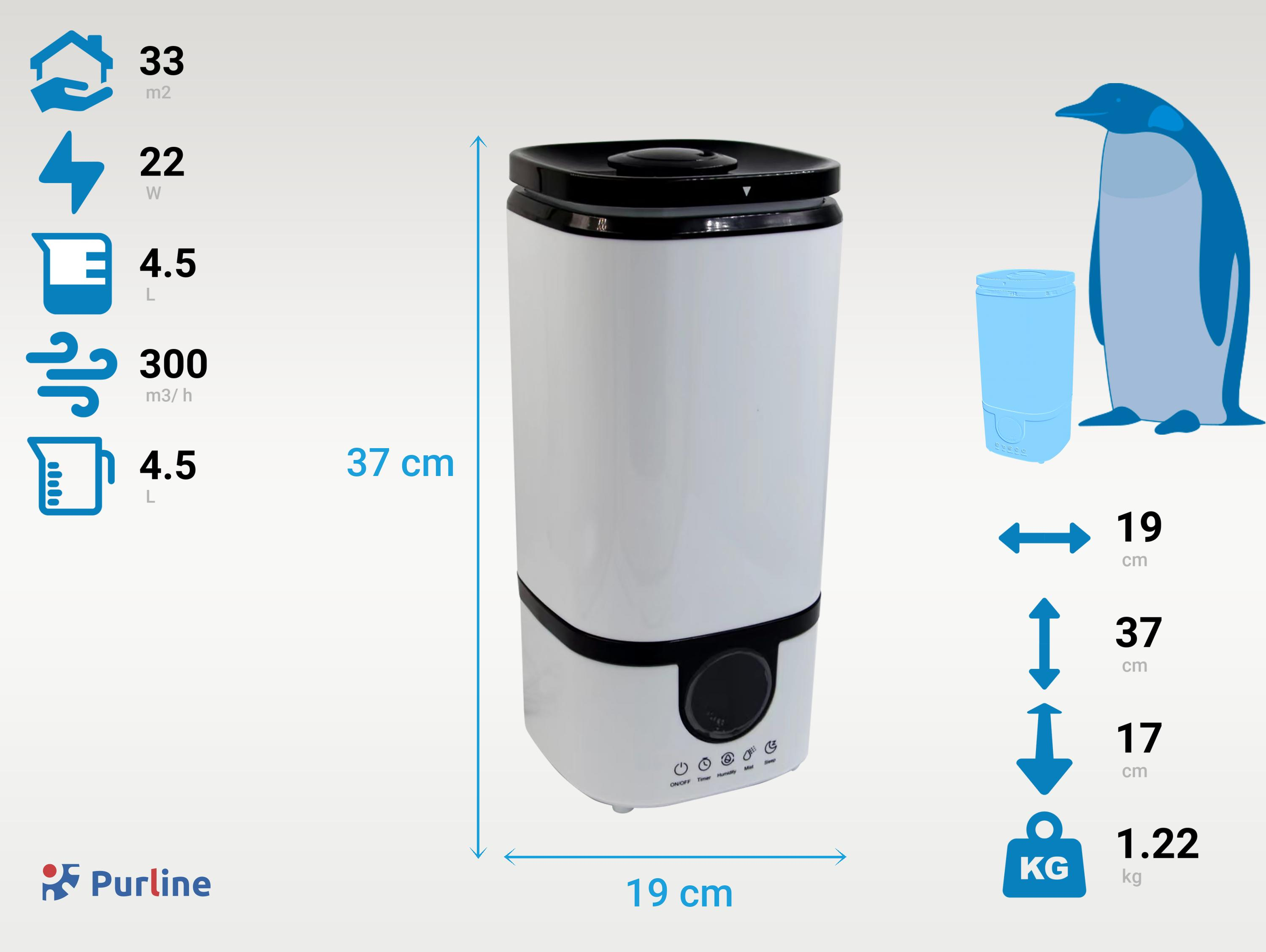 Humidificador blanco y negro con dimensiones, gráfico de pingüino y panel de control. Logos.