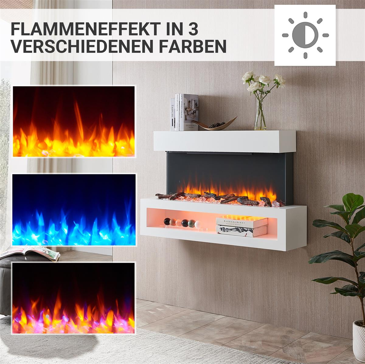 Ein Elektrokamin mit weißem Rahmen, der drei verschiedene Feuerfarbeneffekte zeigt: orange, blau und eine Mischung aus Farben.