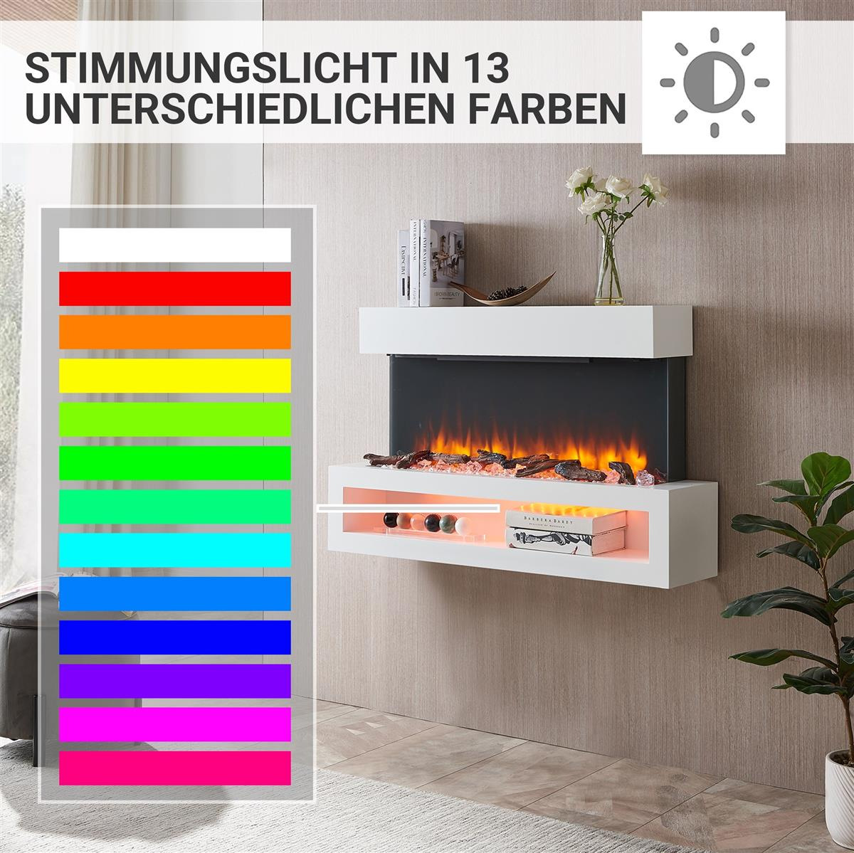 Ein moderner weißer Elektrokamin mit farbwechselnden Lichtern, mit Farbpalette und einer Pflanze im Hintergrund.