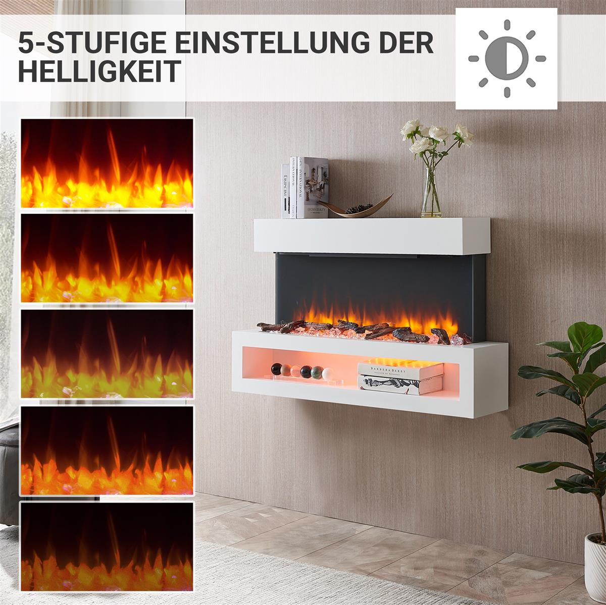 Ein Elektrokamin mit weißem Rahmen, der fünf Helligkeitsstufen des Flammeneffekts zeigt, mit orangefarbenen Farbtönen.