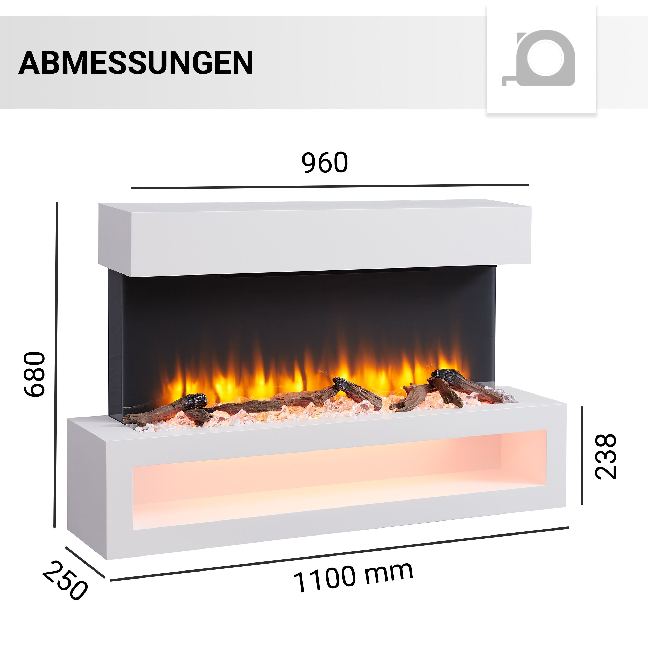 Ein Elektrokamin mit beschrifteten Abmessungen, einschließlich Höhe, Breite und Tiefe in Millimetern.