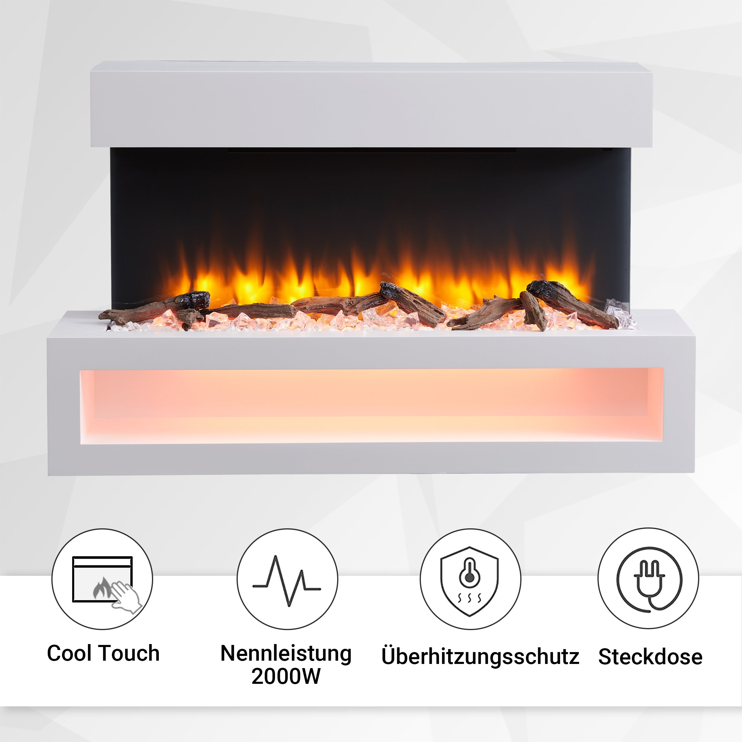 Ein weißer Elektrokamin mit Flammeneffekt, Holzscheiten und Kristallen, mit Symbolen für Cool Touch, Strom und Sicherheit.