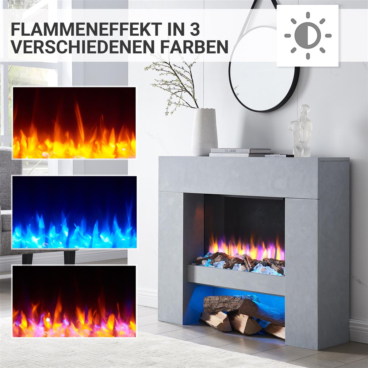Ein Kamin mit drei Flammenfarboptionen. Die Flammen sind orange, blau und gemischt. Der Kamin hat einen grauen Rahmen.