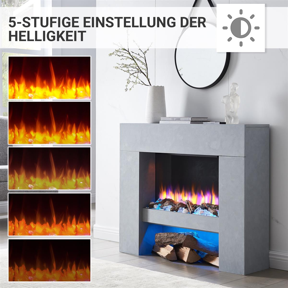 Ein Kamin mit fünf Helligkeitseinstellungen für die Flammen. Der Kamin hat einen grauen Rahmen, und die Flammen sind orange.