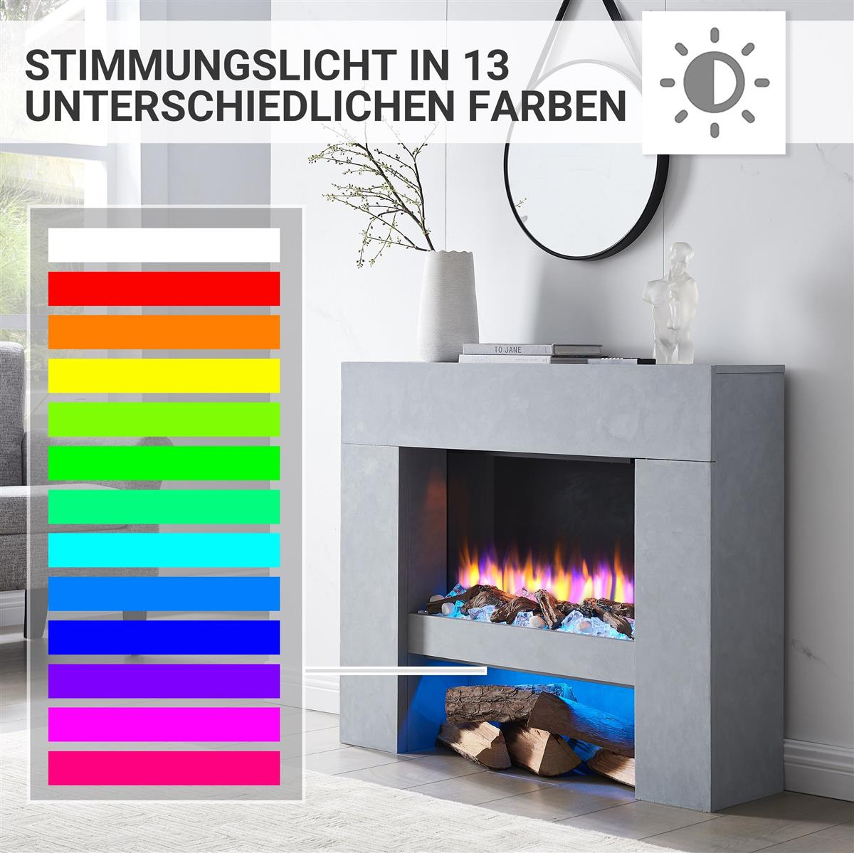 Ein moderner Kamin zeigt farbenfrohe Flammen. Eine Farbtabelle zeigt 13 verschiedene Lichtfarben. Der Kamin hat einen Holzscheitlagerbereich.