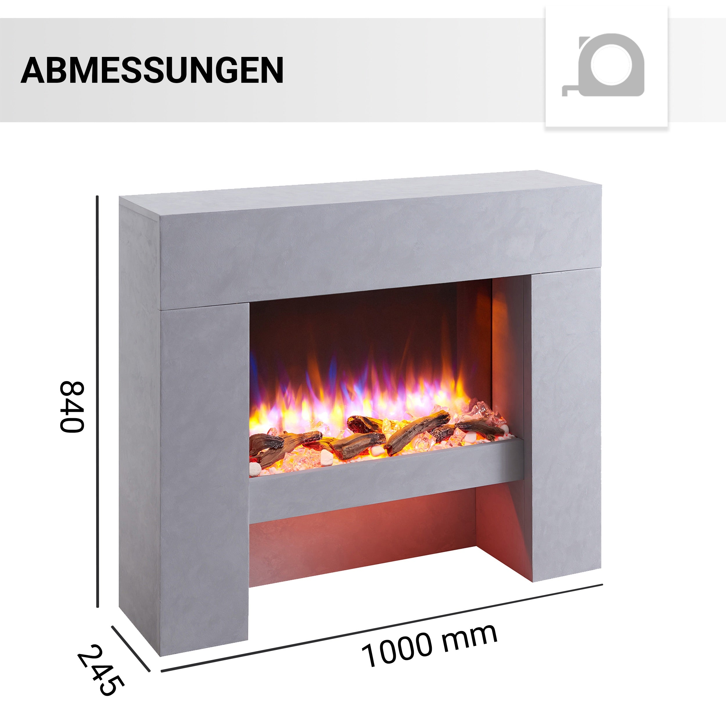 Ein grauer Kamin mit den Maßen: 840 mm Höhe, 245 mm Breite und 1000 mm Länge. Der Kamin hat Flammen.