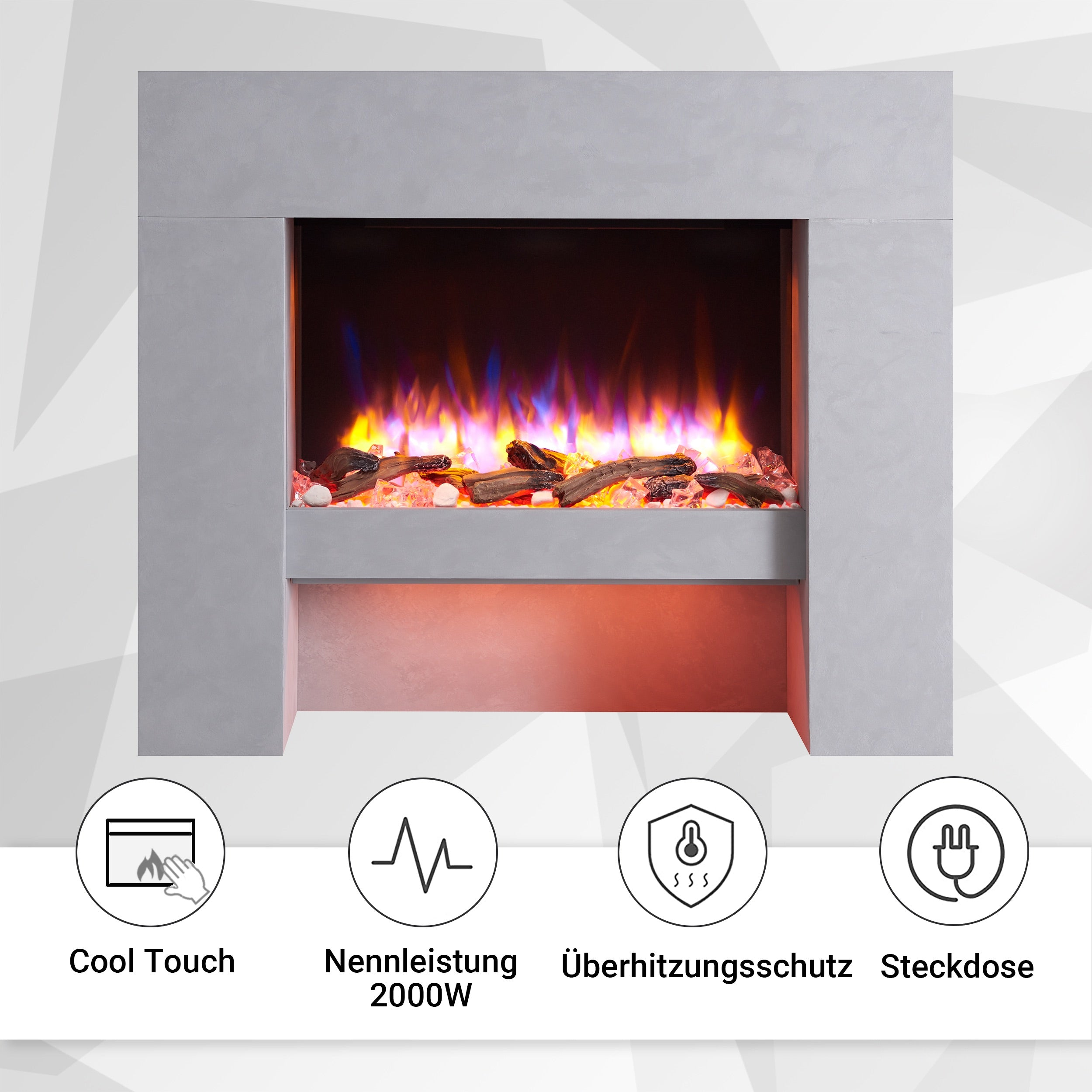 Ein grauer Kamin mit Flammen, Holzscheiten und dekorativen Steinen. Symbole für Cool Touch, 2000 W, Überhitzungsschutz und Stecker.