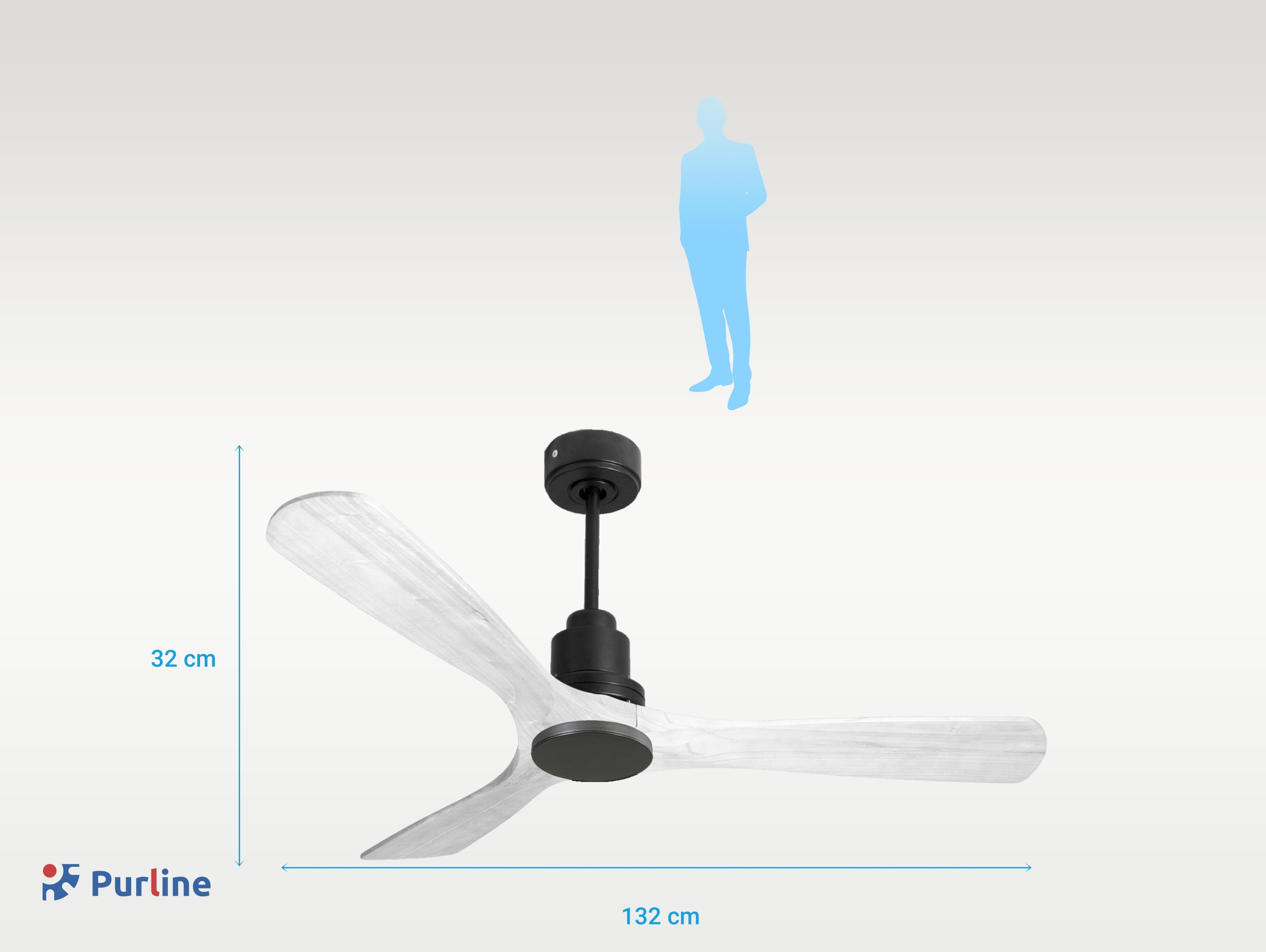 Un ventilador de techo con tres aspas blancas y un motor negro. Se muestra una silueta de persona. Dimensiones mostradas.