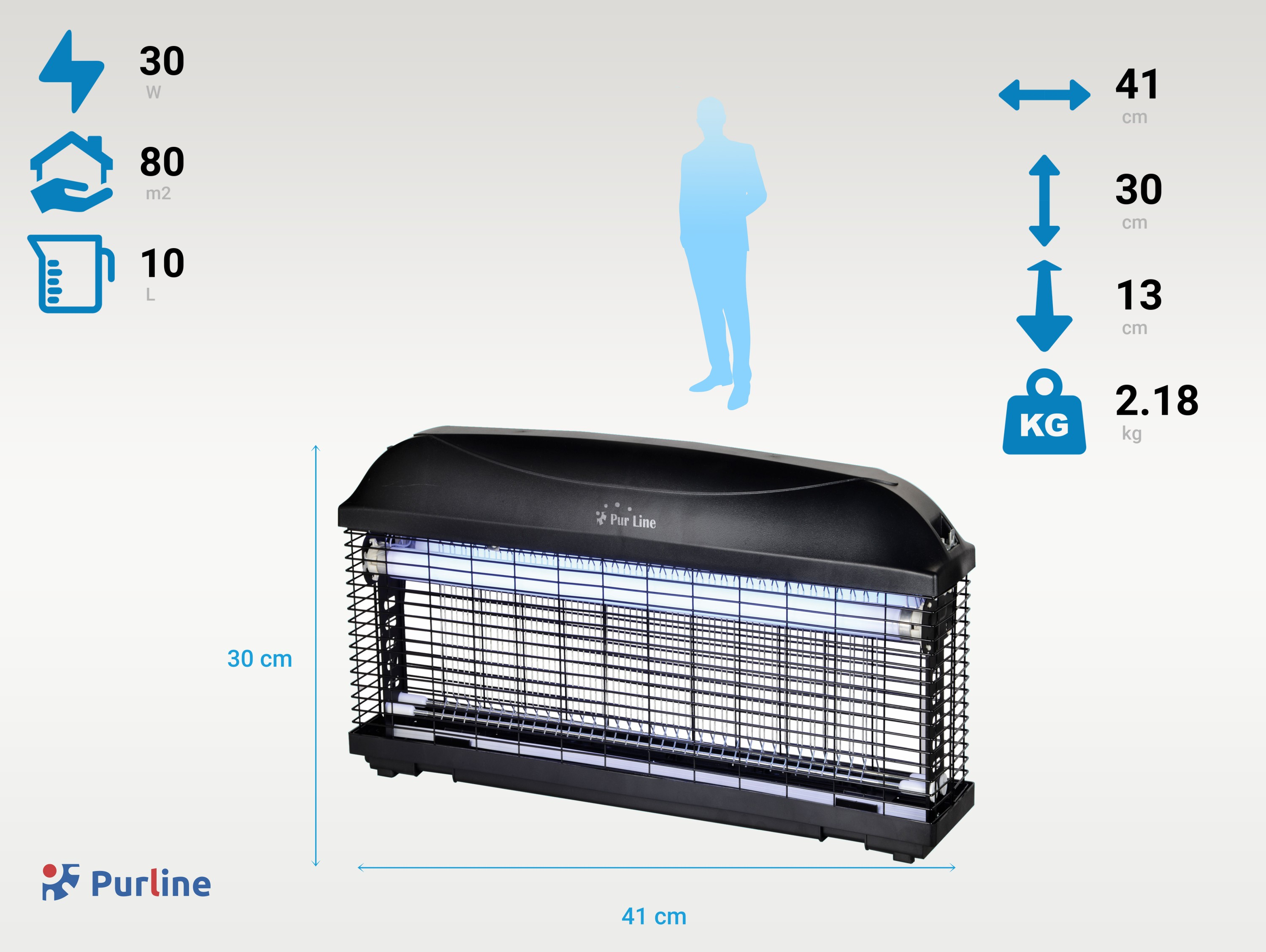 Mata insectos negro con dimensiones. Emite luz azul, con etiqueta Purline. Silueta humana.